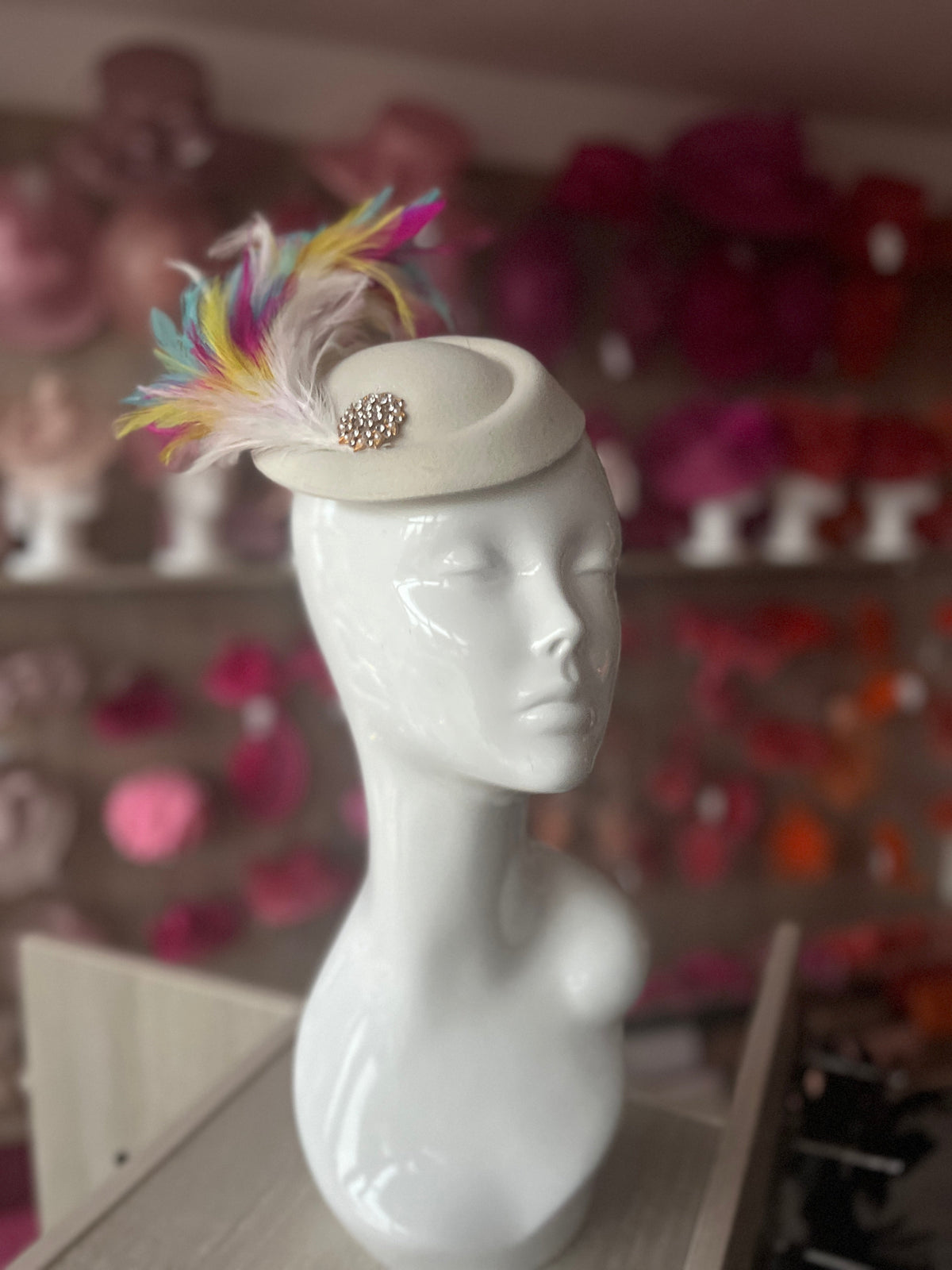 Cream Pill Box Fascinator With Curled Feathers &amp; Diamante Embellishment-Fascinators Direct