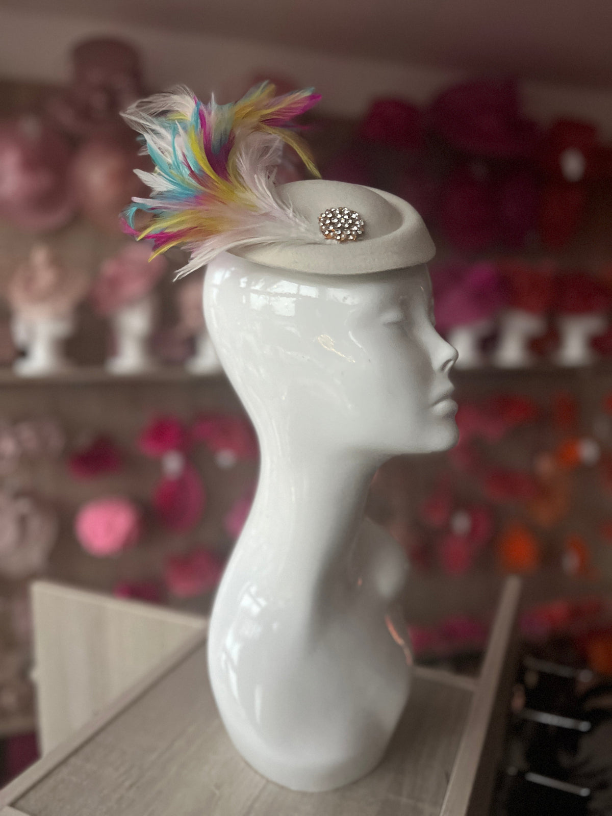 Cream Pill Box Fascinator With Curled Feathers &amp; Diamante Embellishment-Fascinators Direct