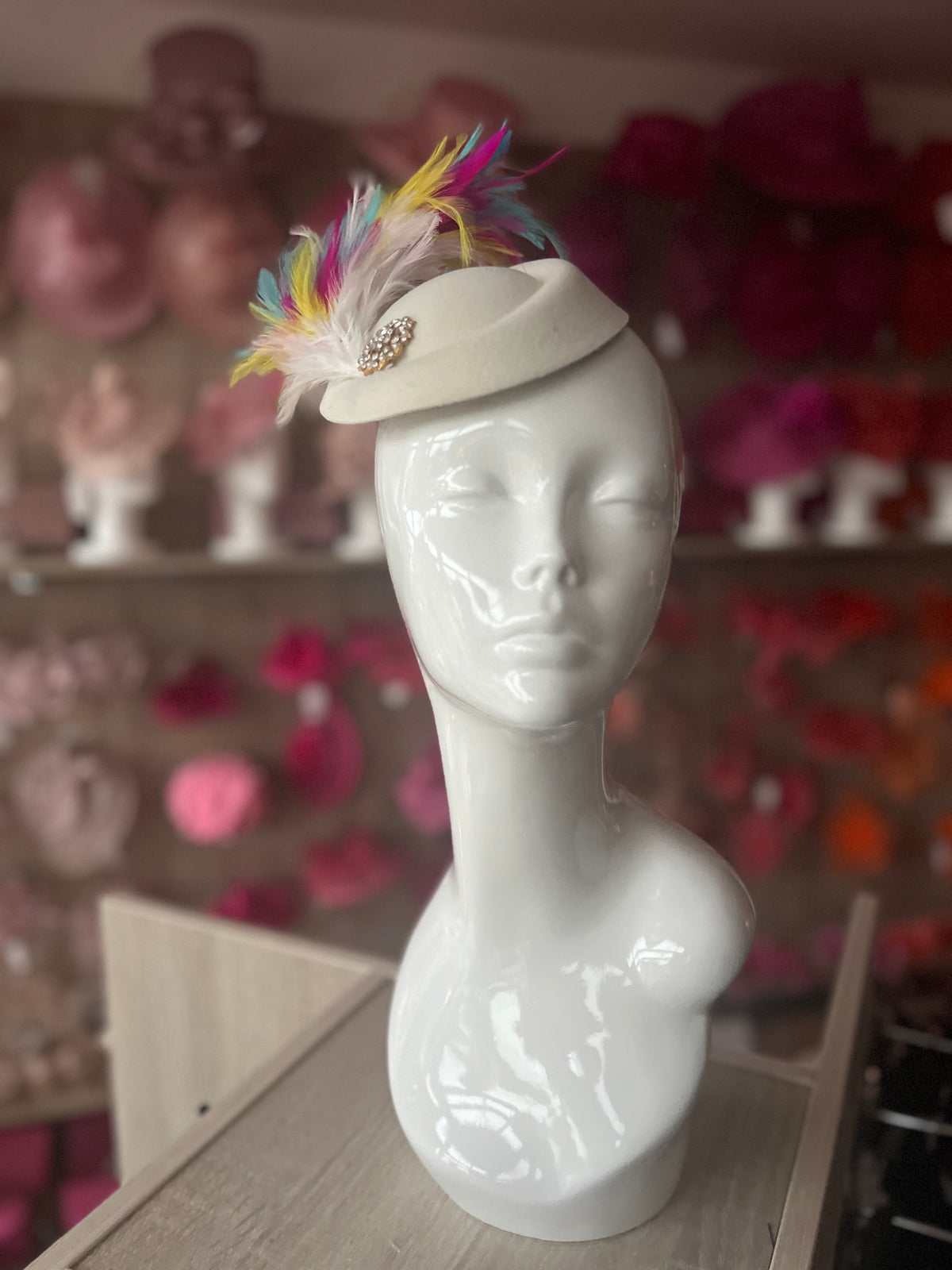Cream Pill Box Fascinator With Curled Feathers &amp; Diamante Embellishment-Fascinators Direct