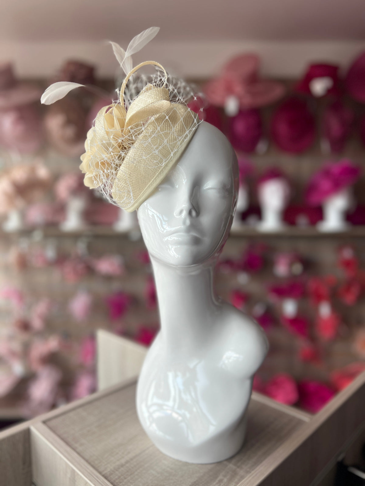 Cream Pillbox Fascinator Hat with Dahlia Flower &amp; Netting-Fascinators Direct