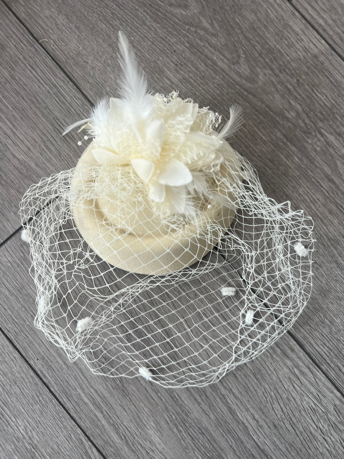 Cream Pillbox Hat Fascinator With Flower &amp; Veil-Fascinators Direct