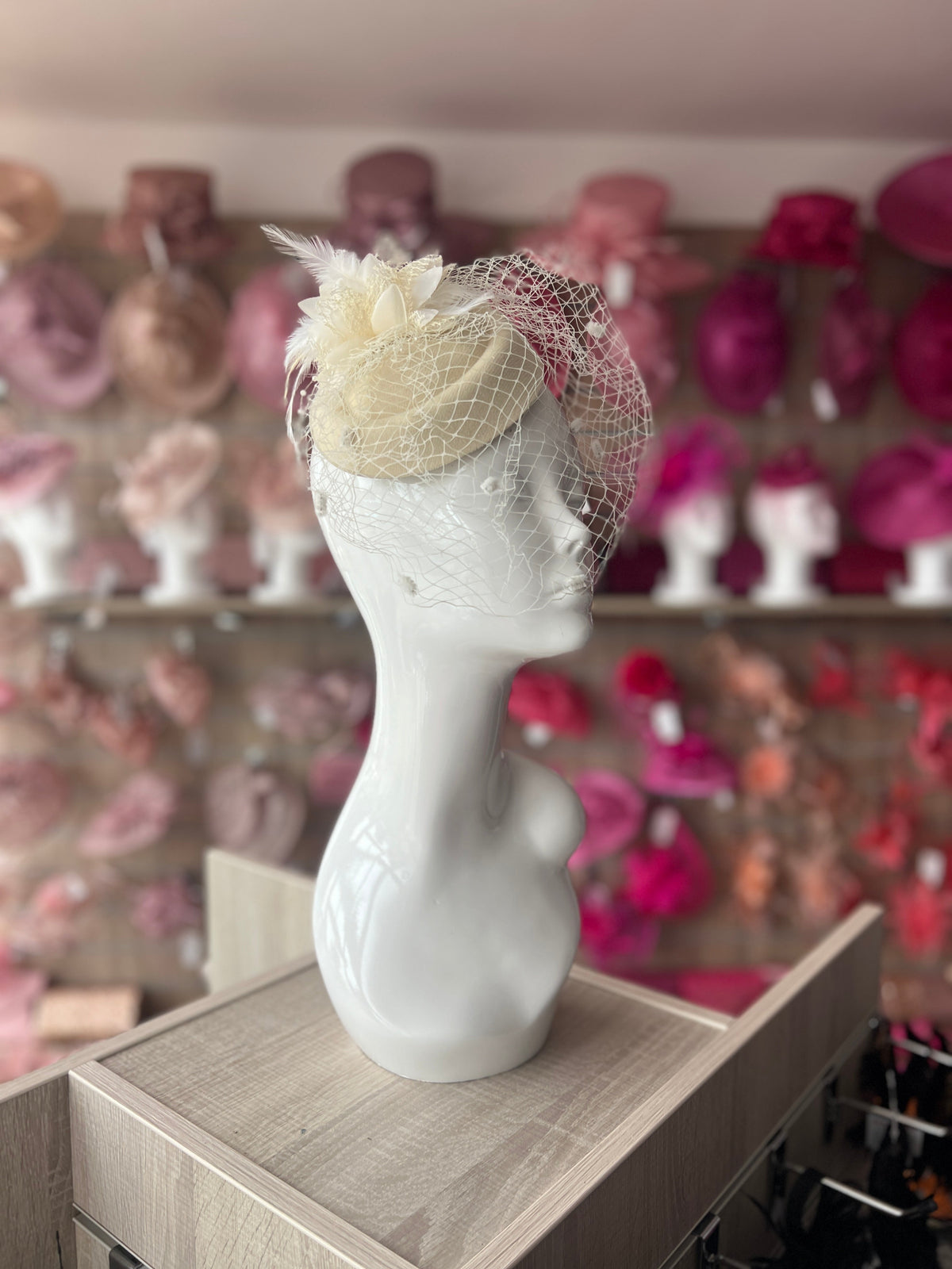 Cream Pillbox Hat Fascinator With Flower &amp; Veil-Fascinators Direct