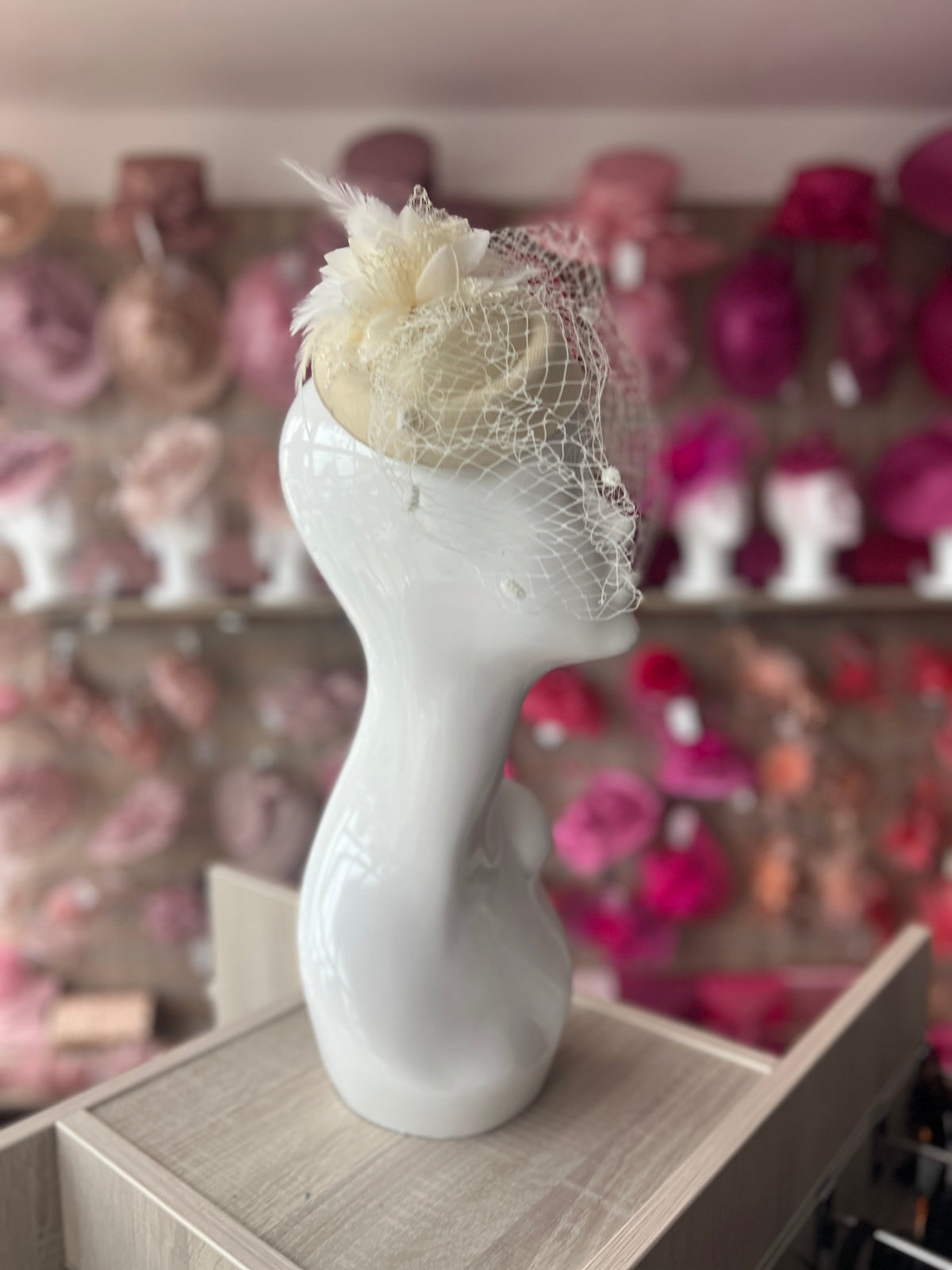 Cream Pillbox Hat Fascinator With Flower & Veil