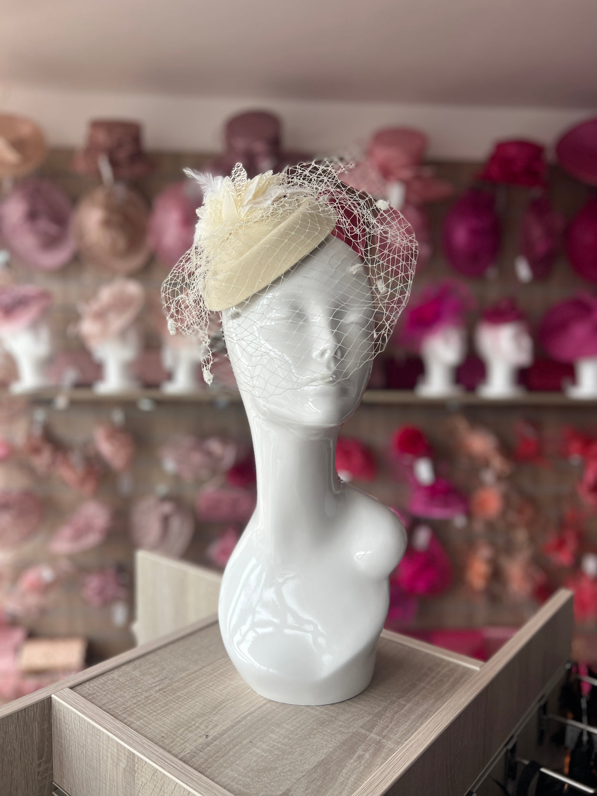 Cream Pillbox Hat Fascinator With Flower &amp; Veil-Fascinators Direct