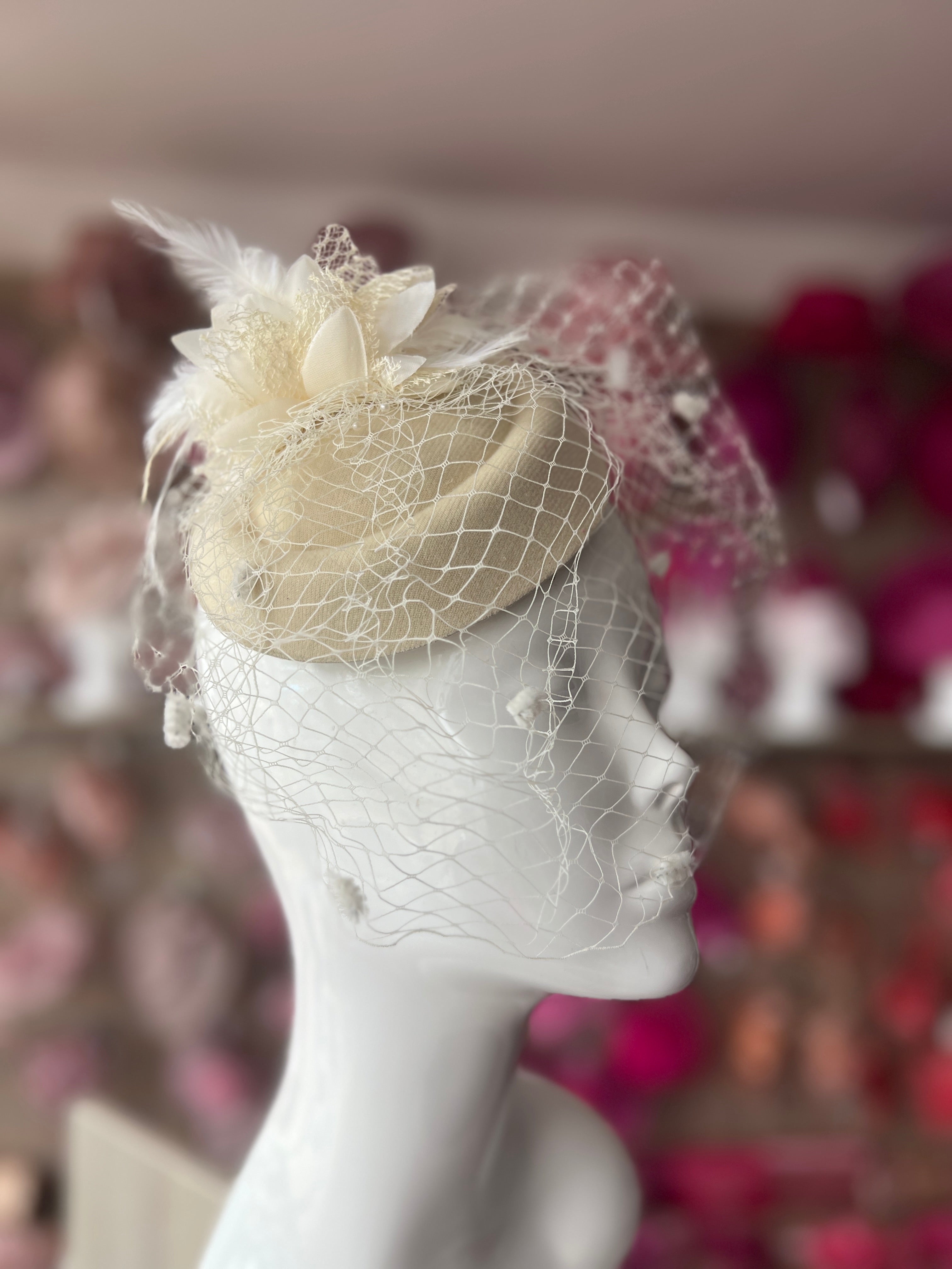 Cream Pillbox Hat Fascinator With Flower Veil - Main Image
