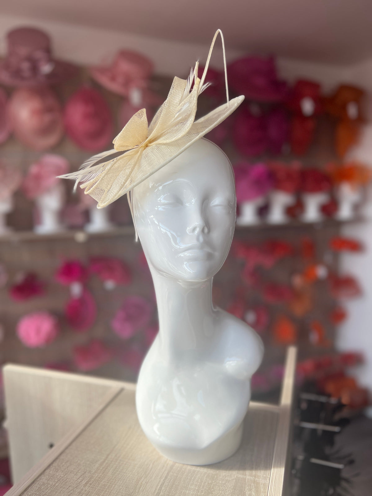 Cream Saucer Fascinator With Flower &amp; Quill-Fascinators Direct