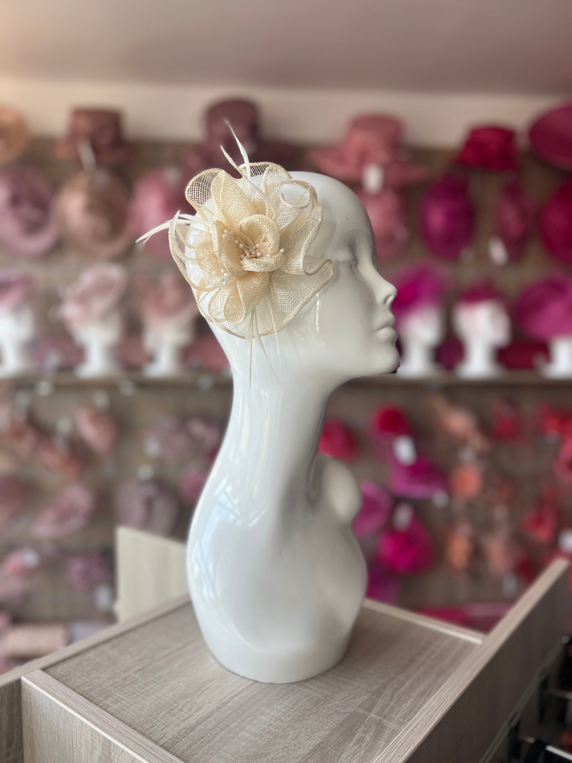 Cream Small Fascinator With Decorative Beads & Feathers-Fascinators Direct