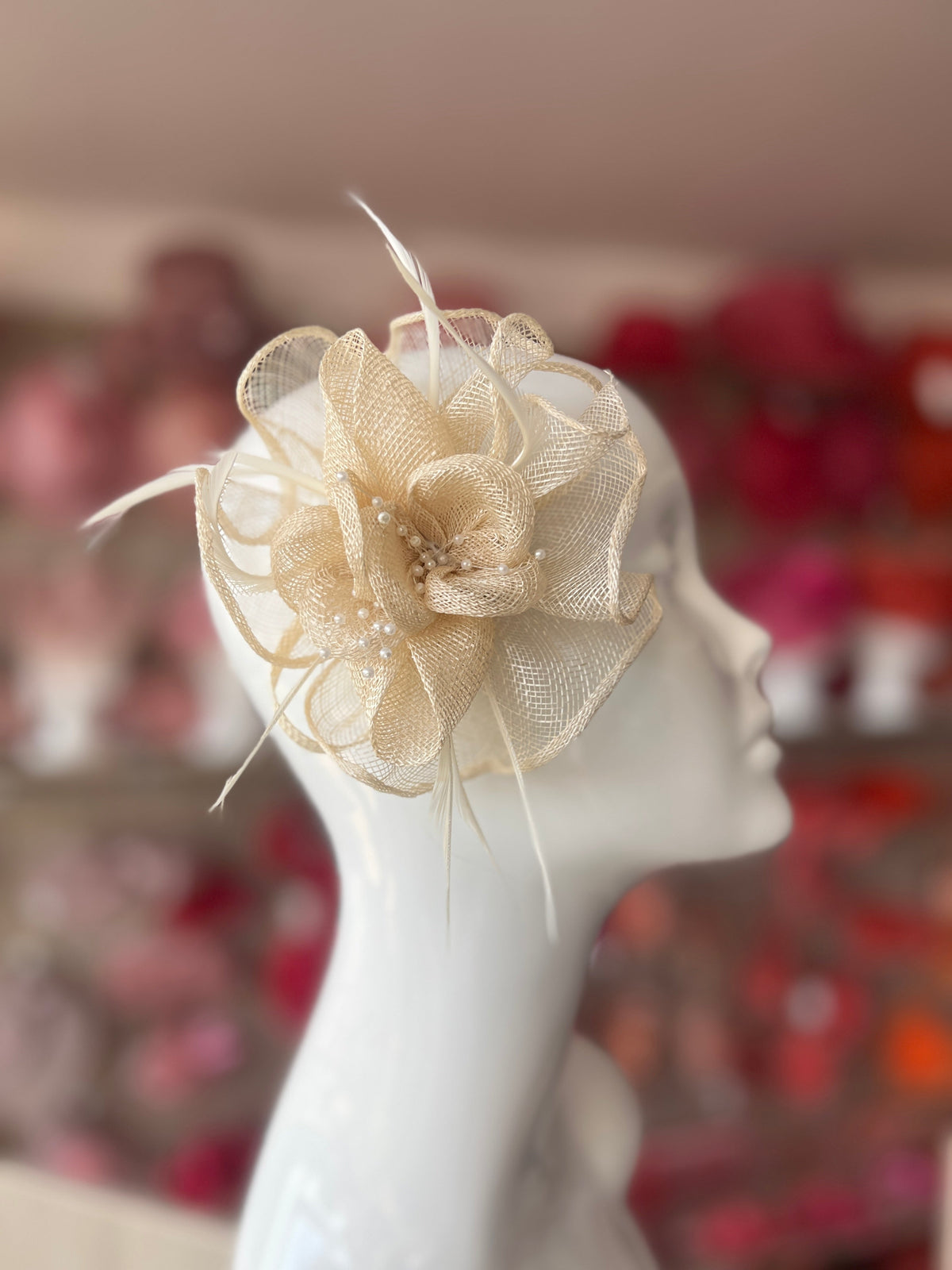 Cream Small Fascinator With Decorative Beads &amp; Feathers-Fascinators Direct