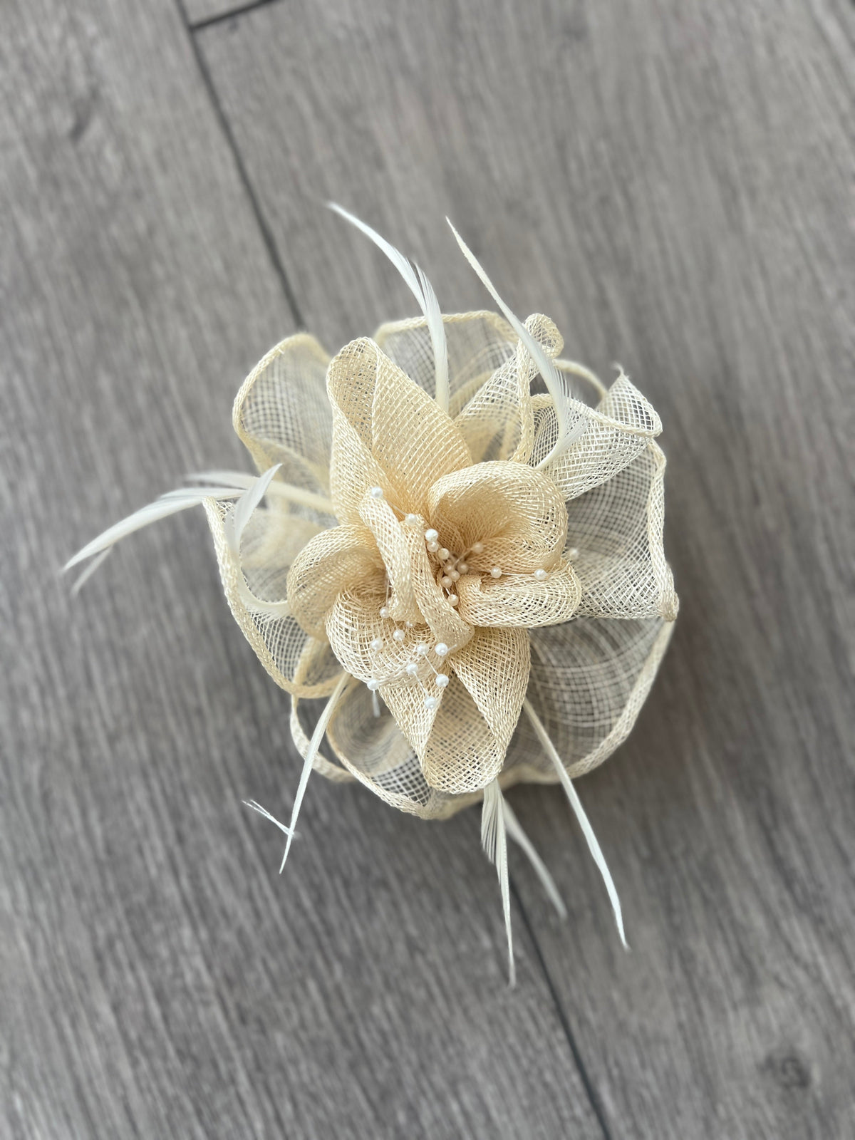Cream Small Fascinator With Decorative Beads &amp; Feathers-Fascinators Direct