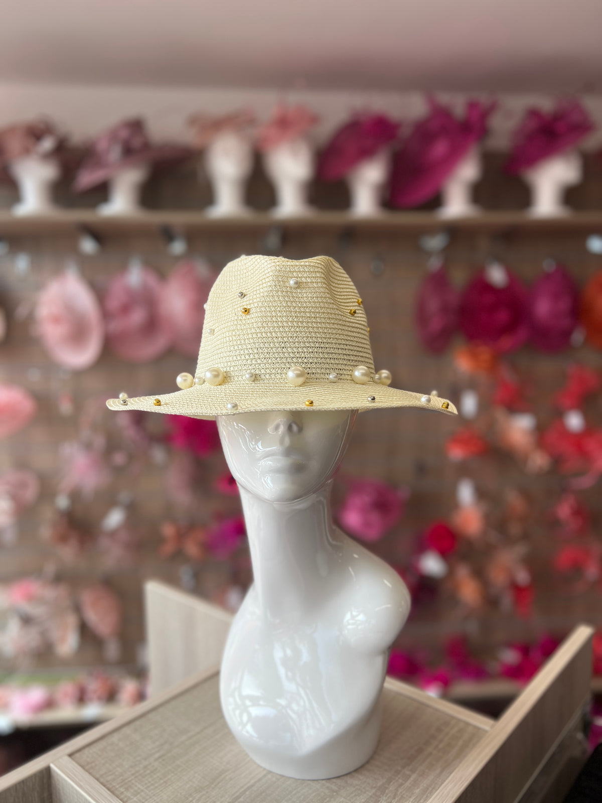 Cream Straw Fedora Hat With Pearls-Fascinators Direct