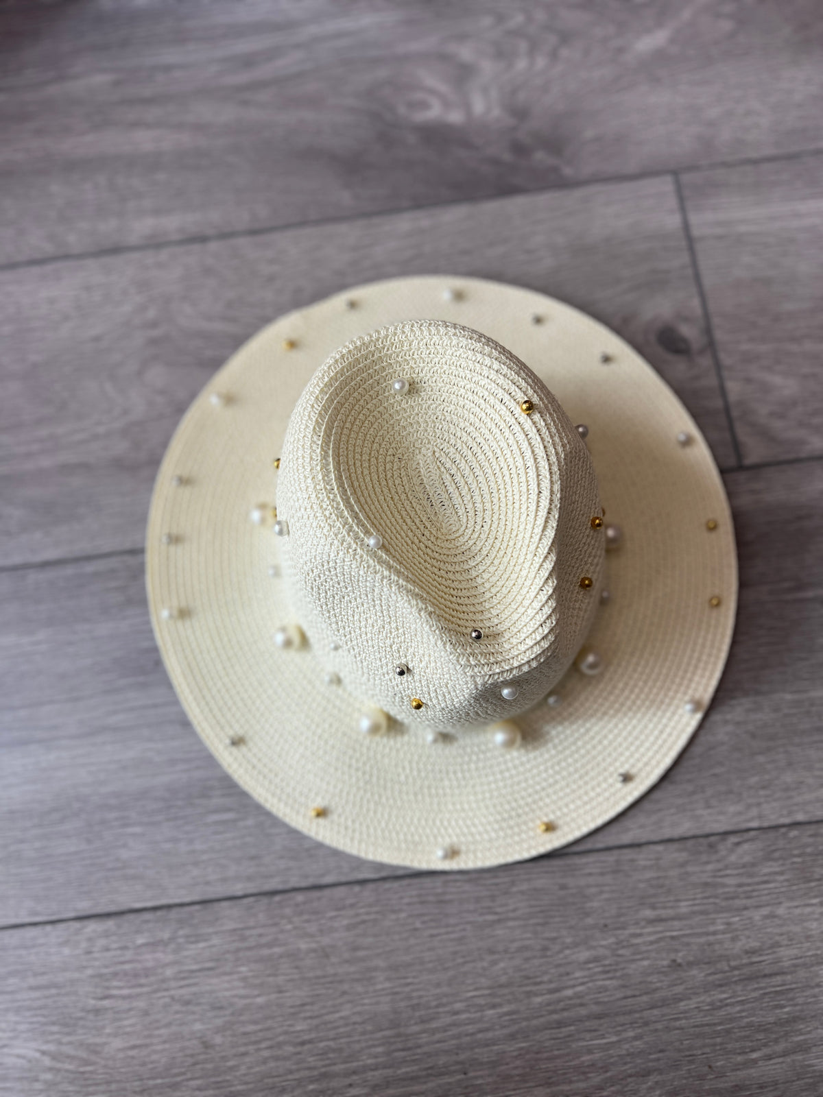 Cream Straw Fedora Hat With Pearls-Fascinators Direct