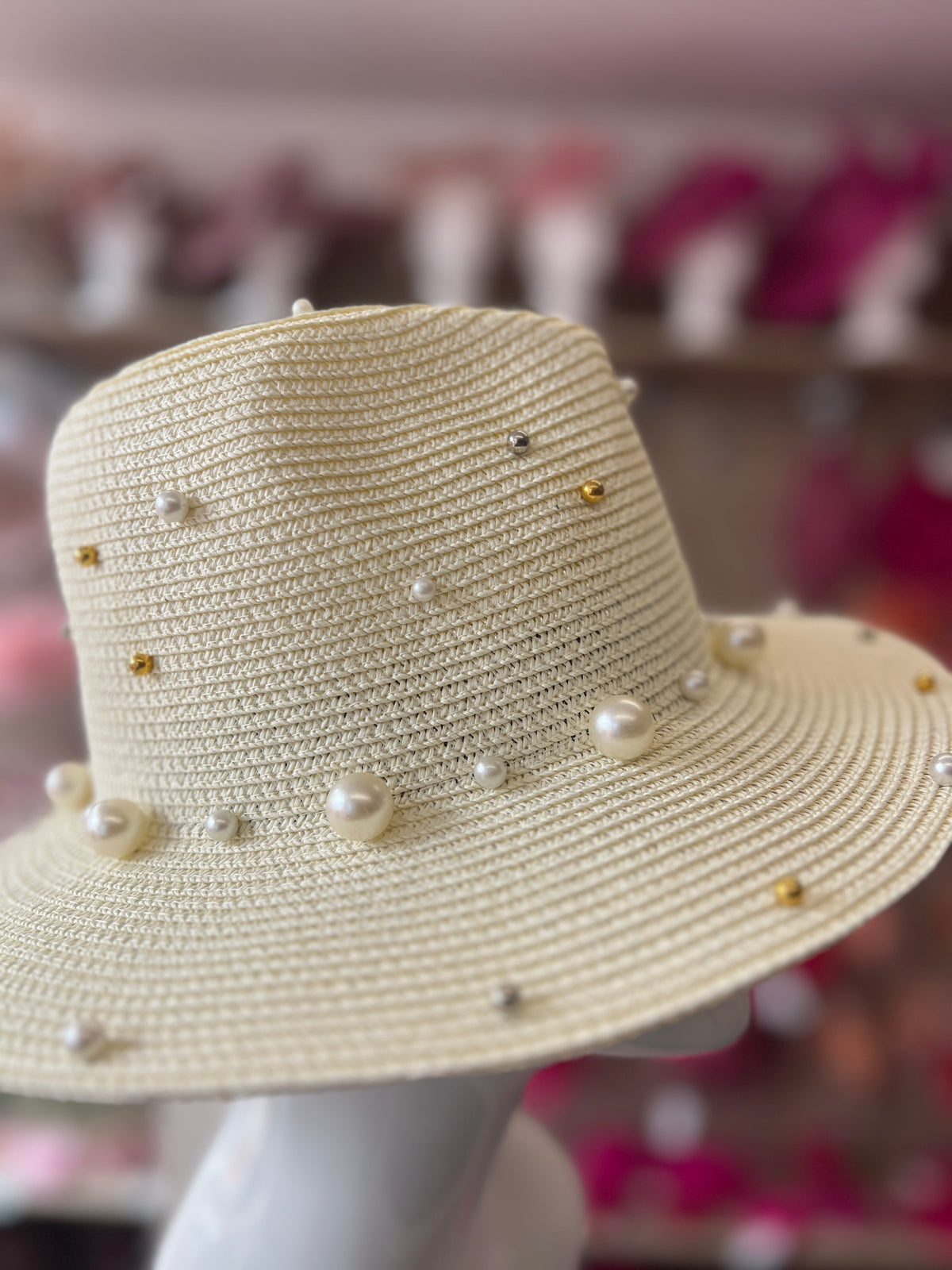 Cream Straw Fedora Hat With Pearls-Fascinators Direct