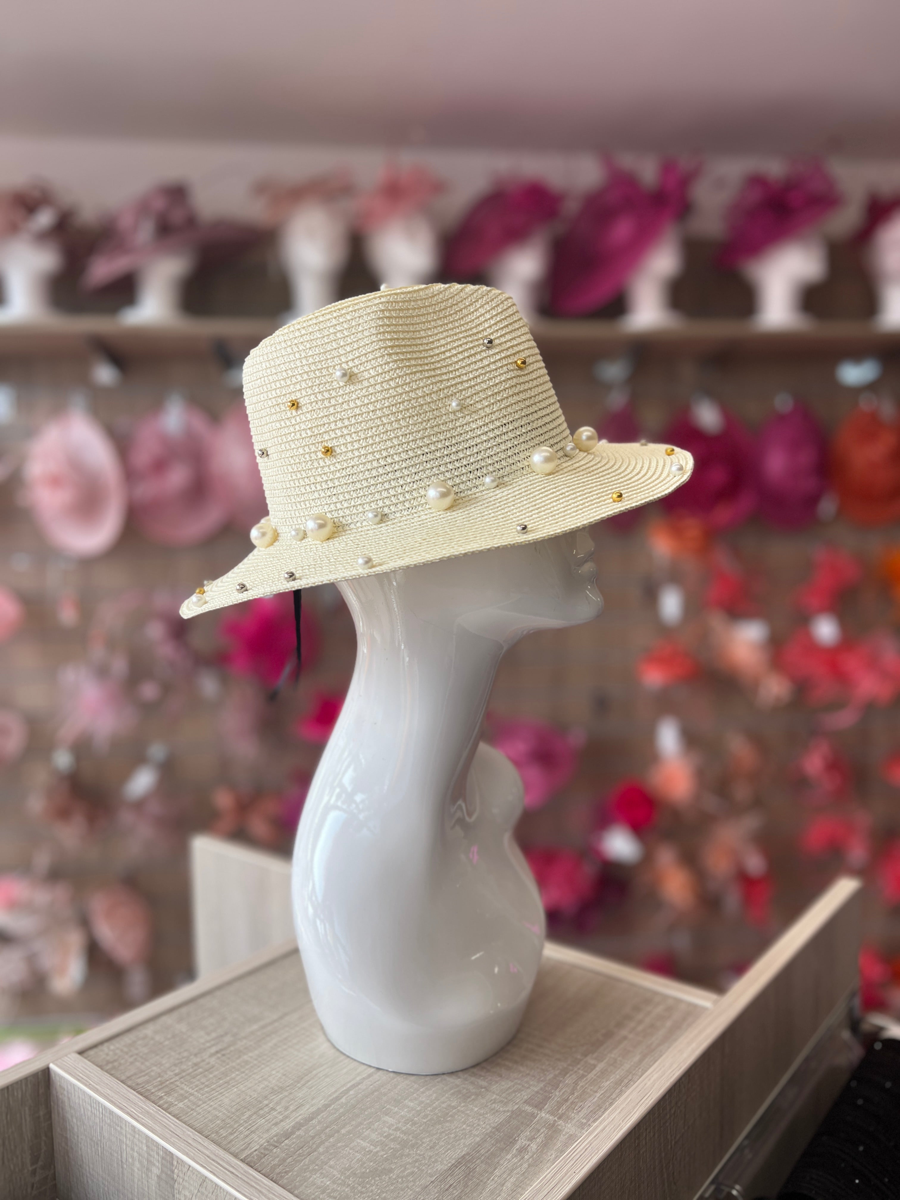 Cream Straw Fedora Hat With Pearls
