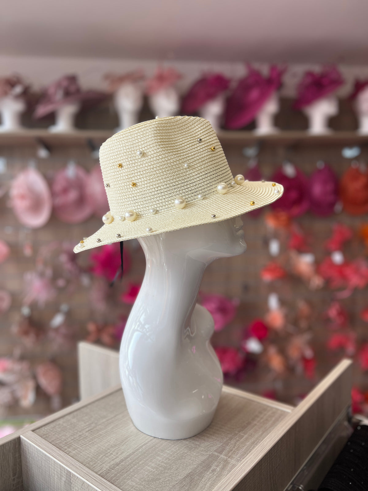 Cream Straw Fedora Hat With Pearls-Fascinators Direct