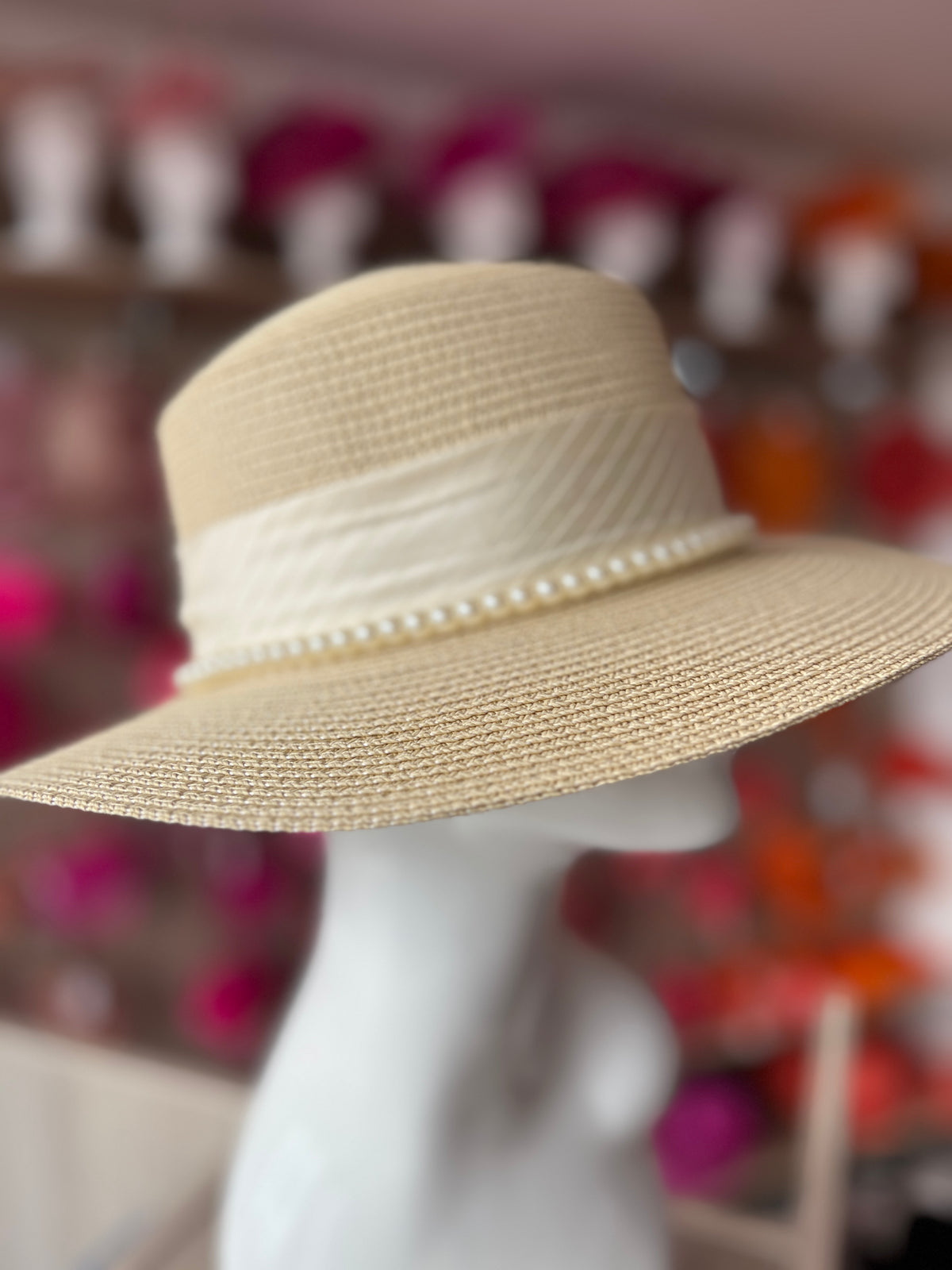 Cream Straw Hat With Pearl &amp; Ribbon Detail-Fascinators Direct