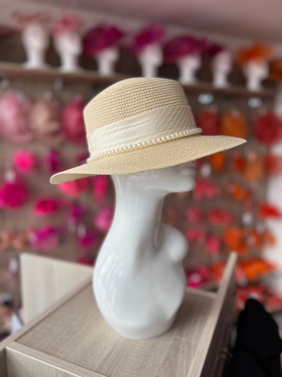 Cream Straw Hat With Pearl &amp; Ribbon Detail-Fascinators Direct