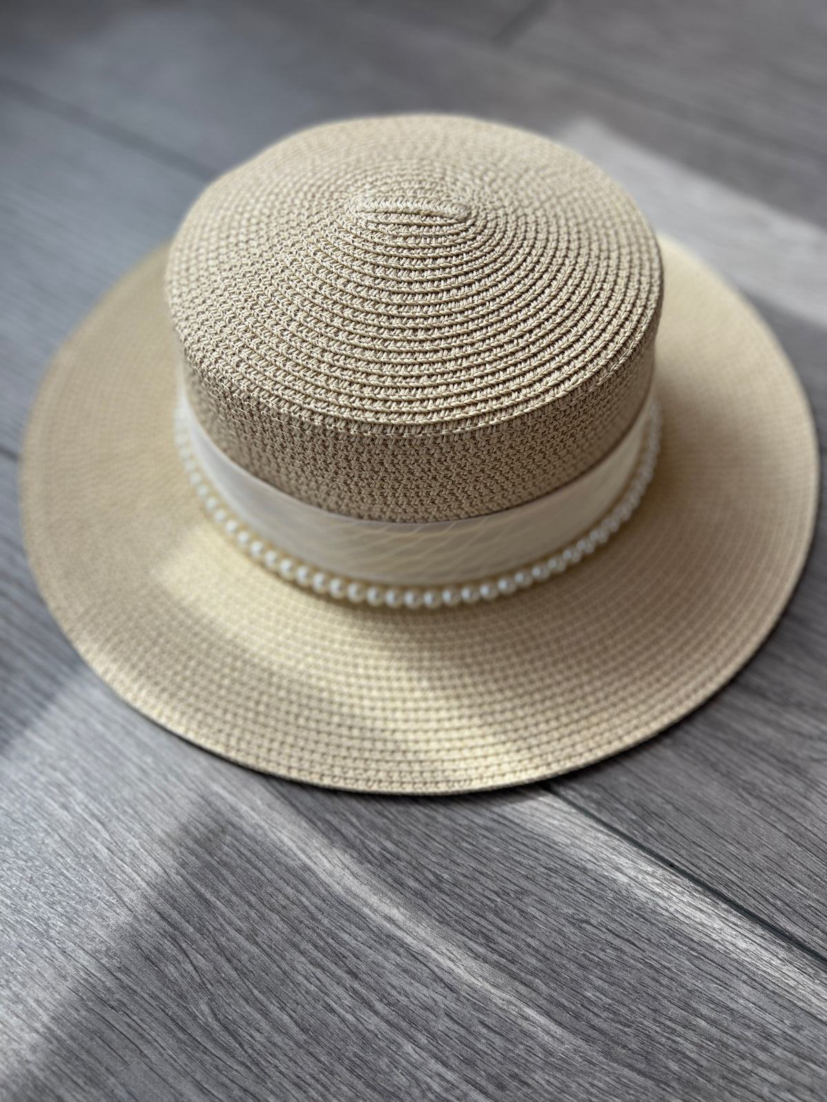 Cream Straw Hat With Pearl &amp; Ribbon Detail-Fascinators Direct