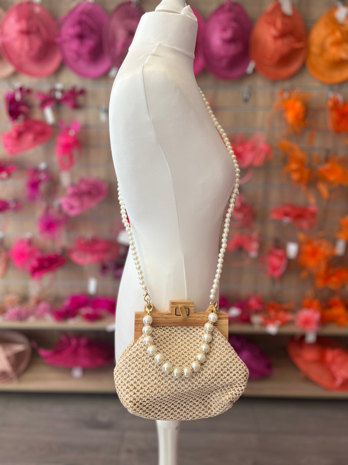 Cream Straw Weave Clutch Bag With Pearl Handle &amp; Shoulder Strap-Fascinators Direct