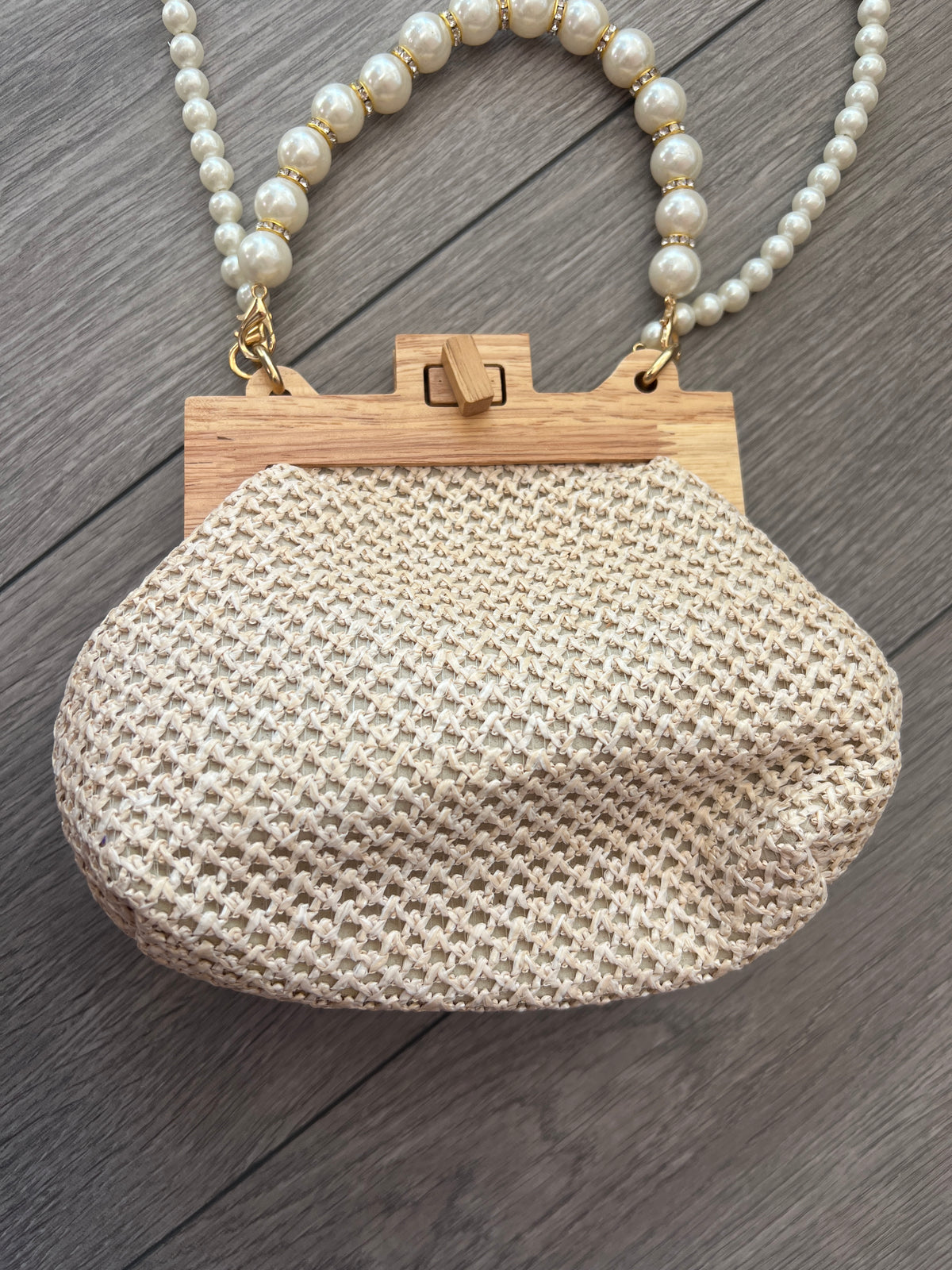 Cream Straw Weave Clutch Bag With Pearl Handle &amp; Shoulder Strap-Fascinators Direct