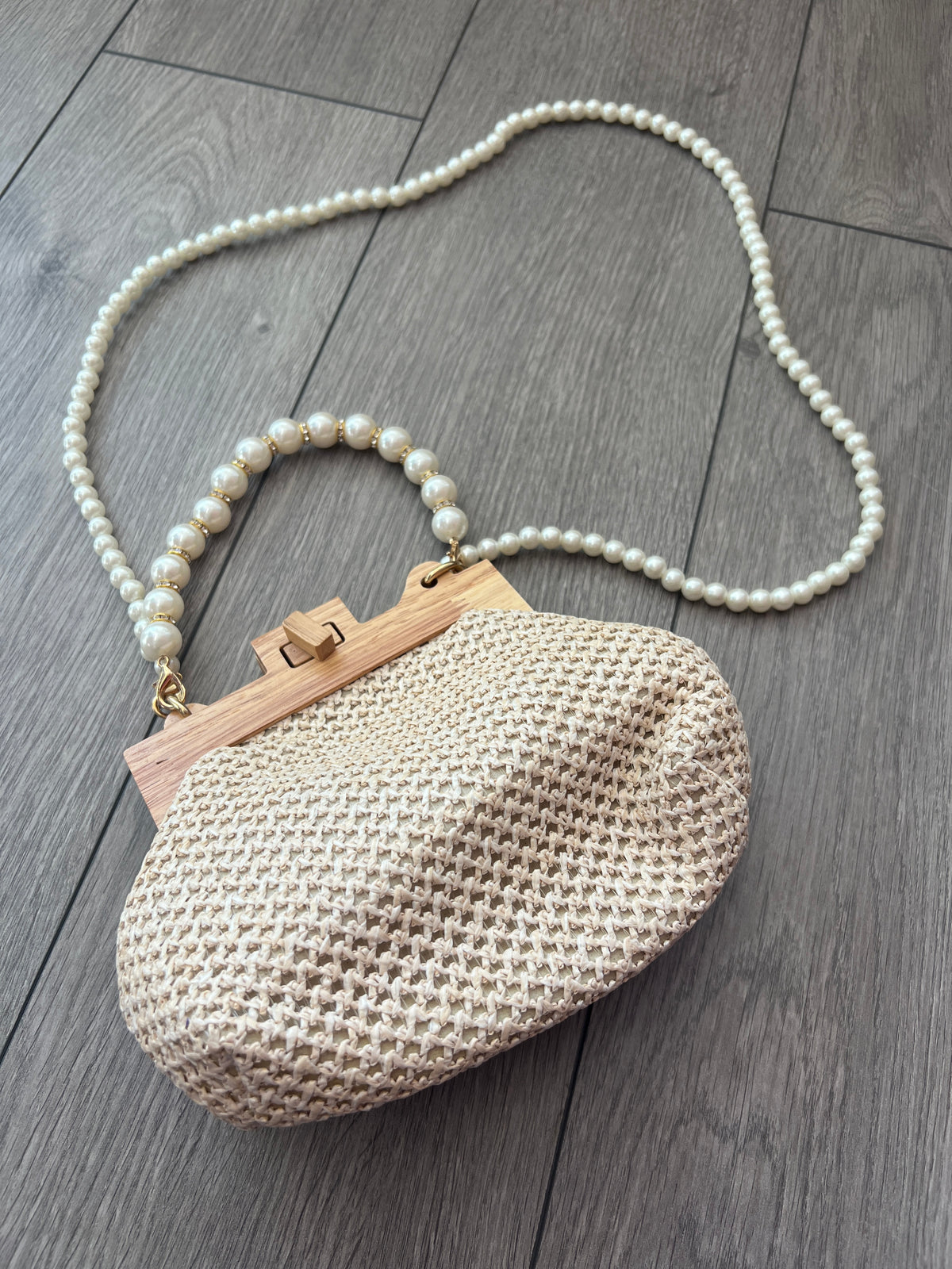 Cream Straw Weave Clutch Bag With Pearl Handle &amp; Shoulder Strap-Fascinators Direct