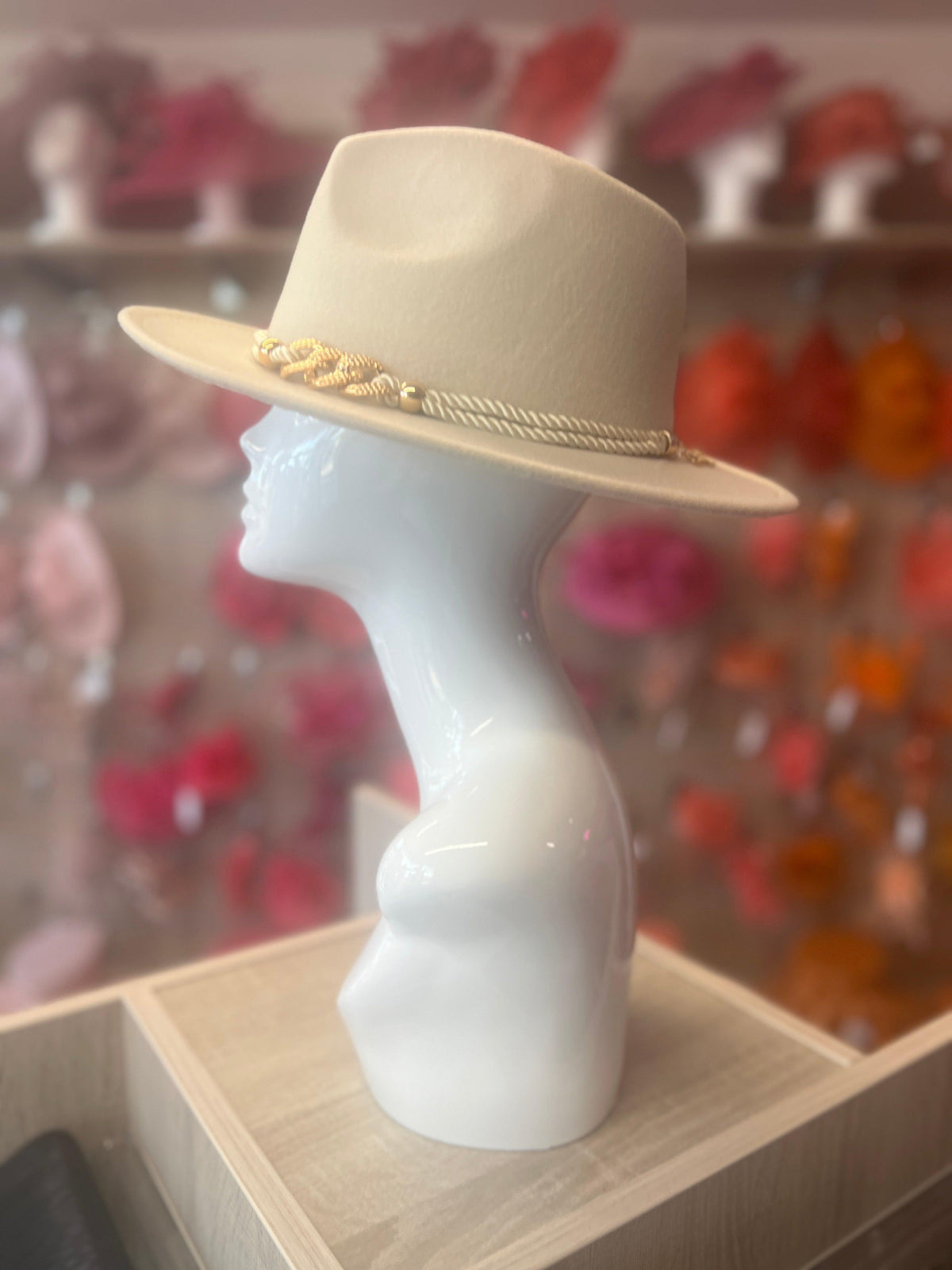 Cream Suedette Fedora Hat With Rope &amp; Chain Detail-Fascinators Direct