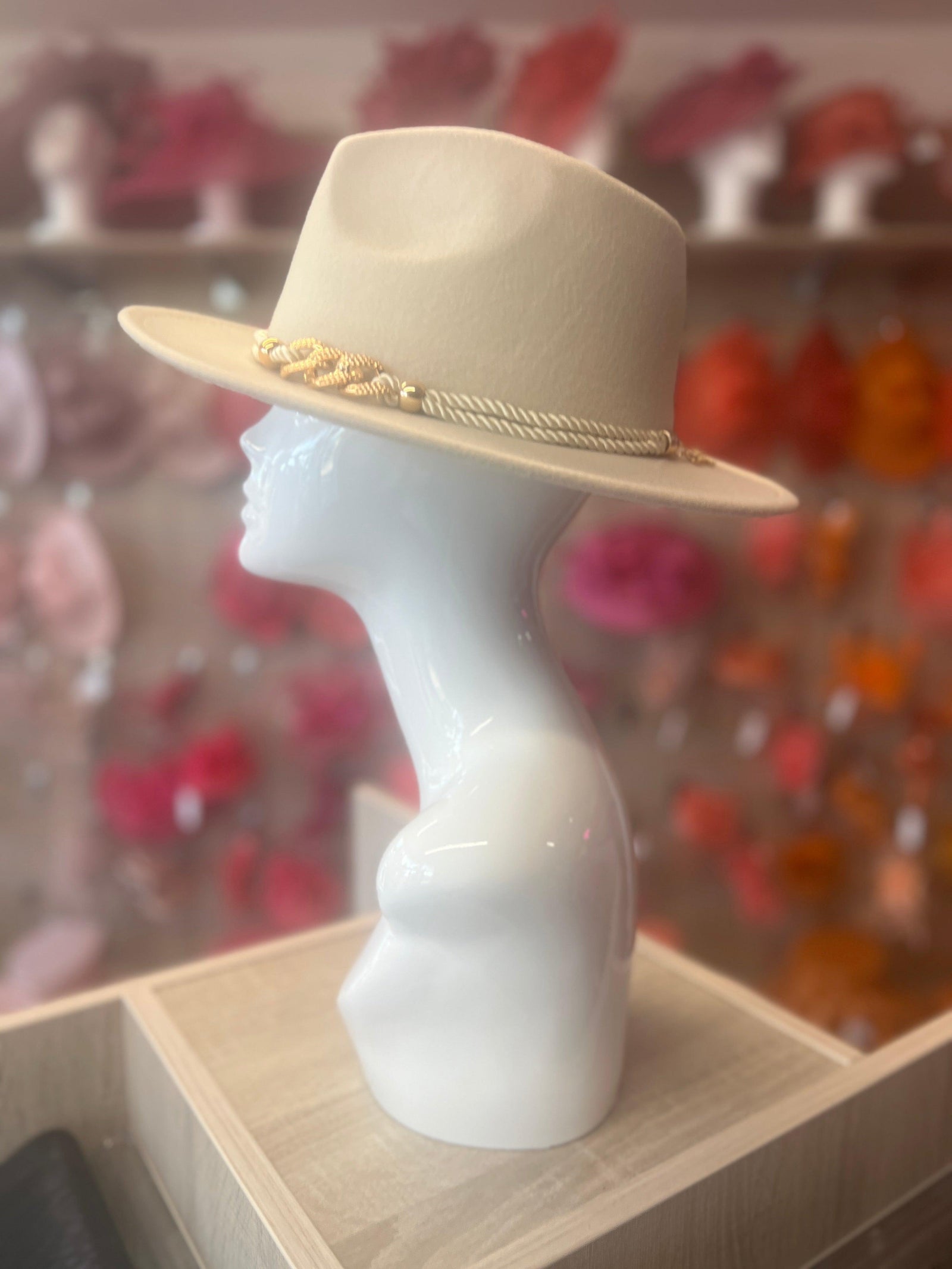 Cream Suedette Fedora Hat With Rope & Chain Detail-Fascinators Direct
