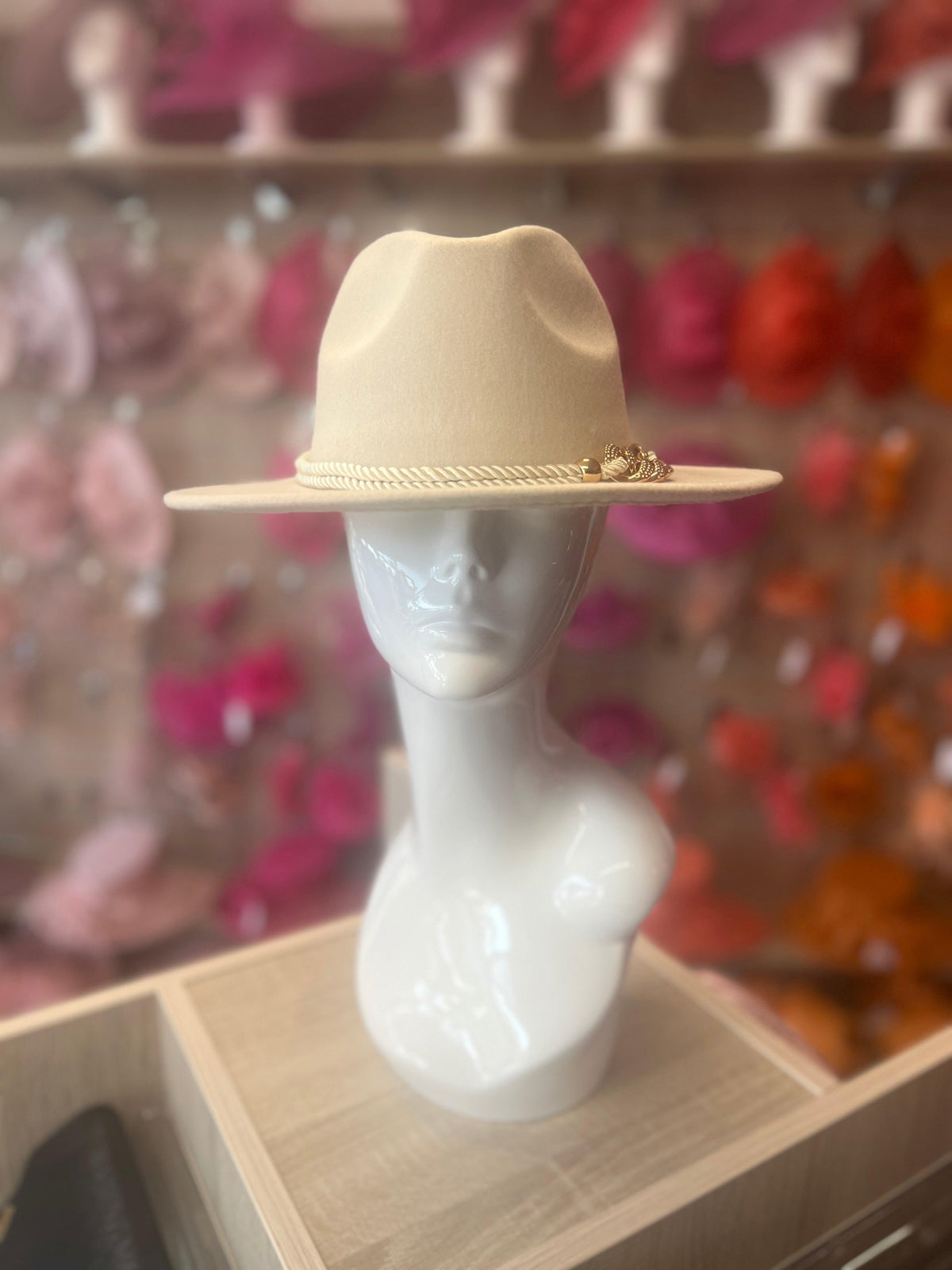 Cream Suedette Fedora Hat With Rope &amp; Chain Detail-Fascinators Direct