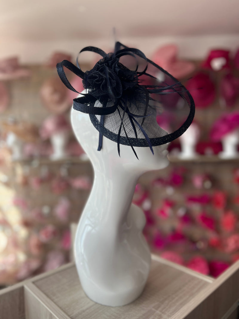 Colors Accessories Half Disc Clip Fascinator With Rose & Feathers Navy main image 0
