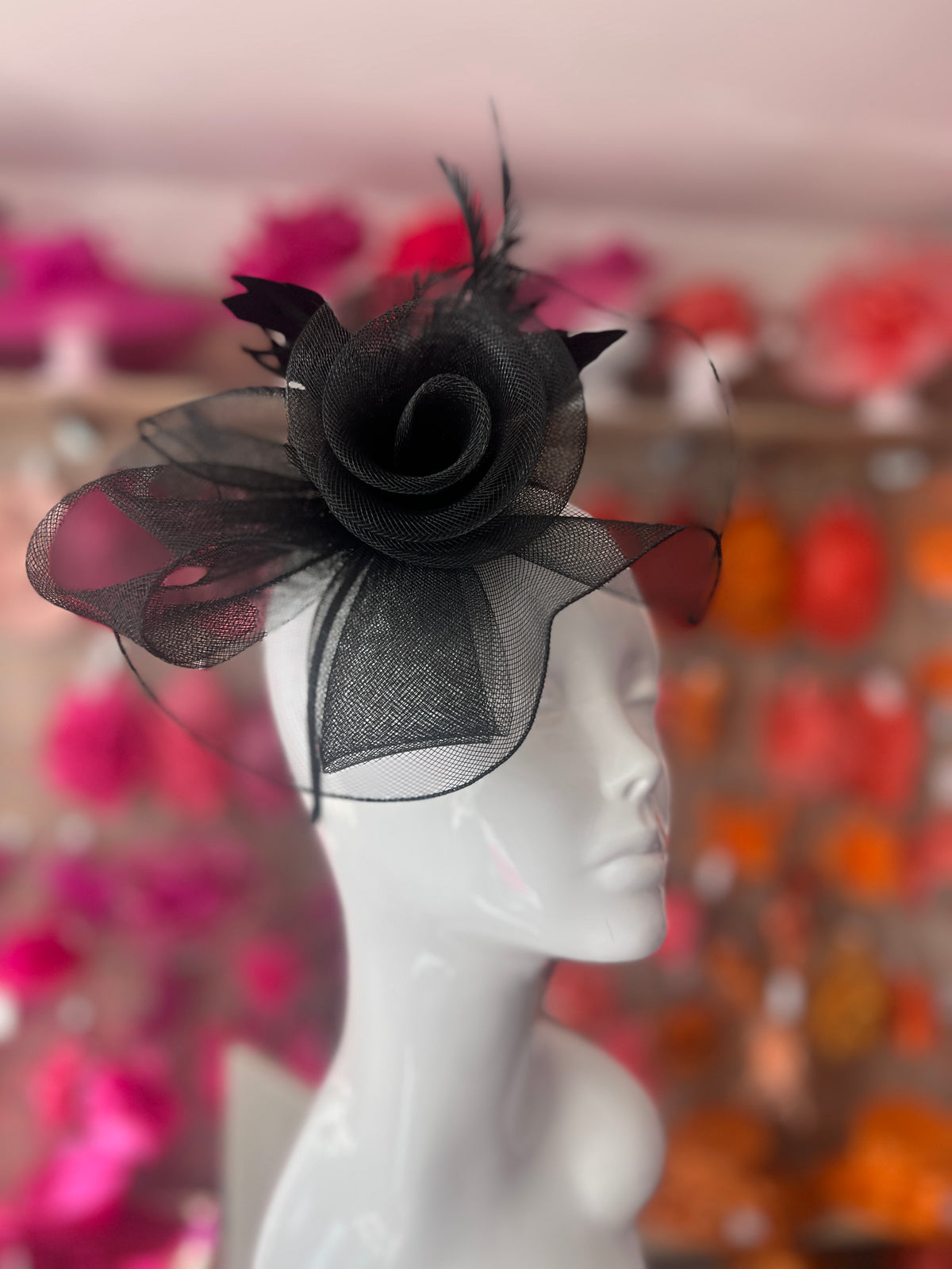 Crinoline Feather Flower Fascinator-Black-Fascinators Direct
