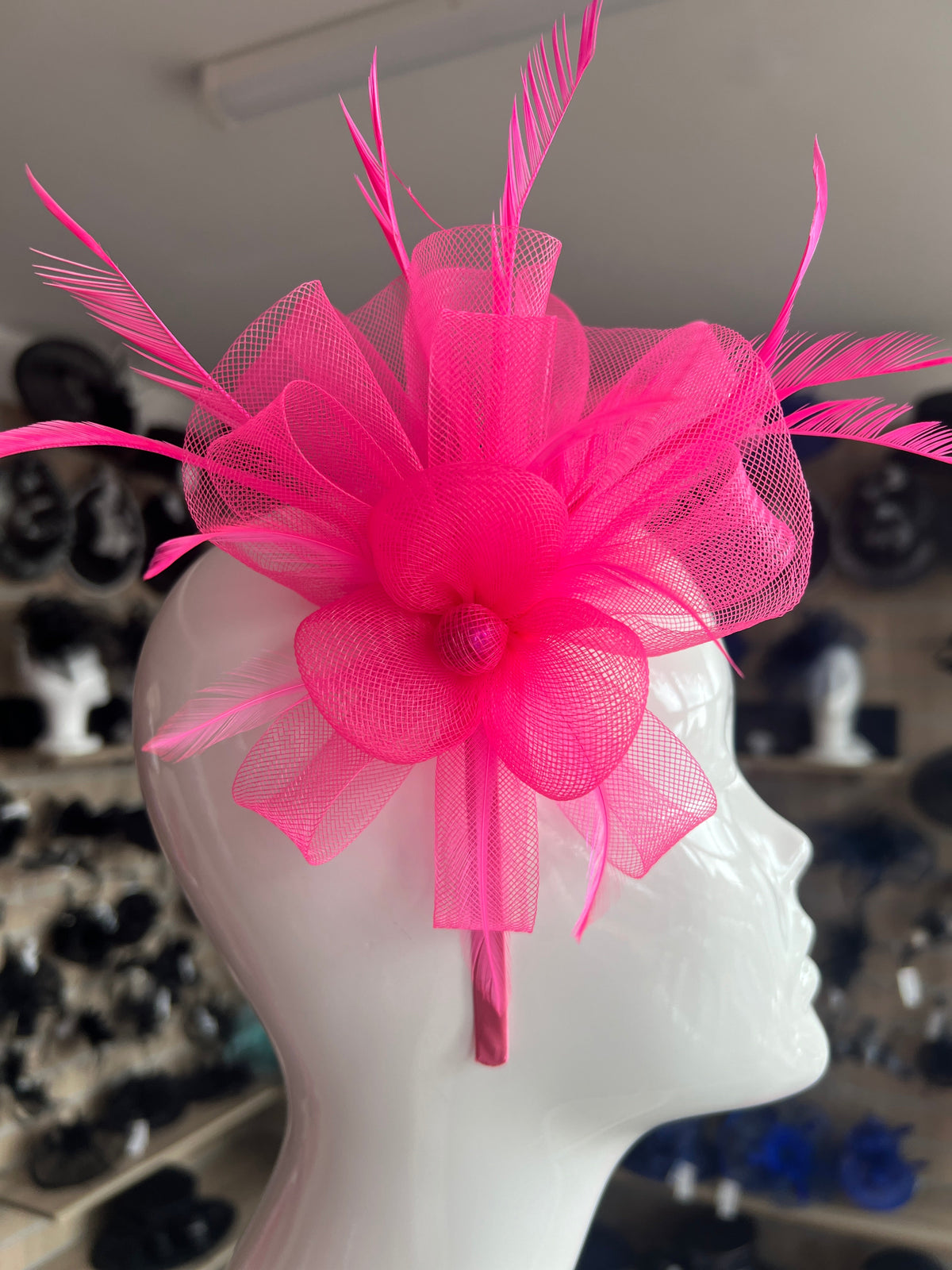 Crinoline Mesh Fluorescent Pink Flower Fascinator Headband-Fascinators Direct