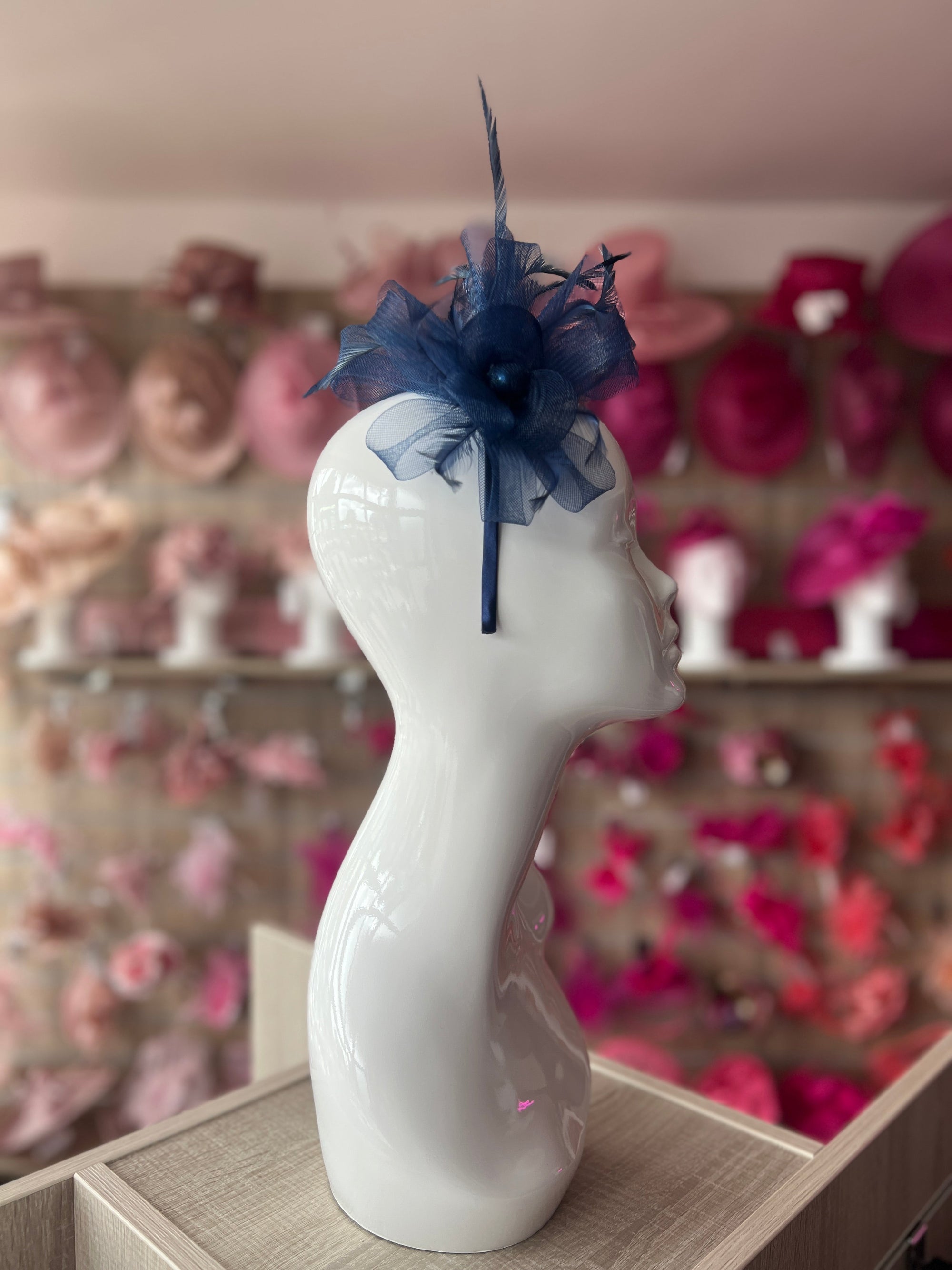 Crinoline Mesh Navy Blue Flower Fascinator Headband-Fascinators Direct