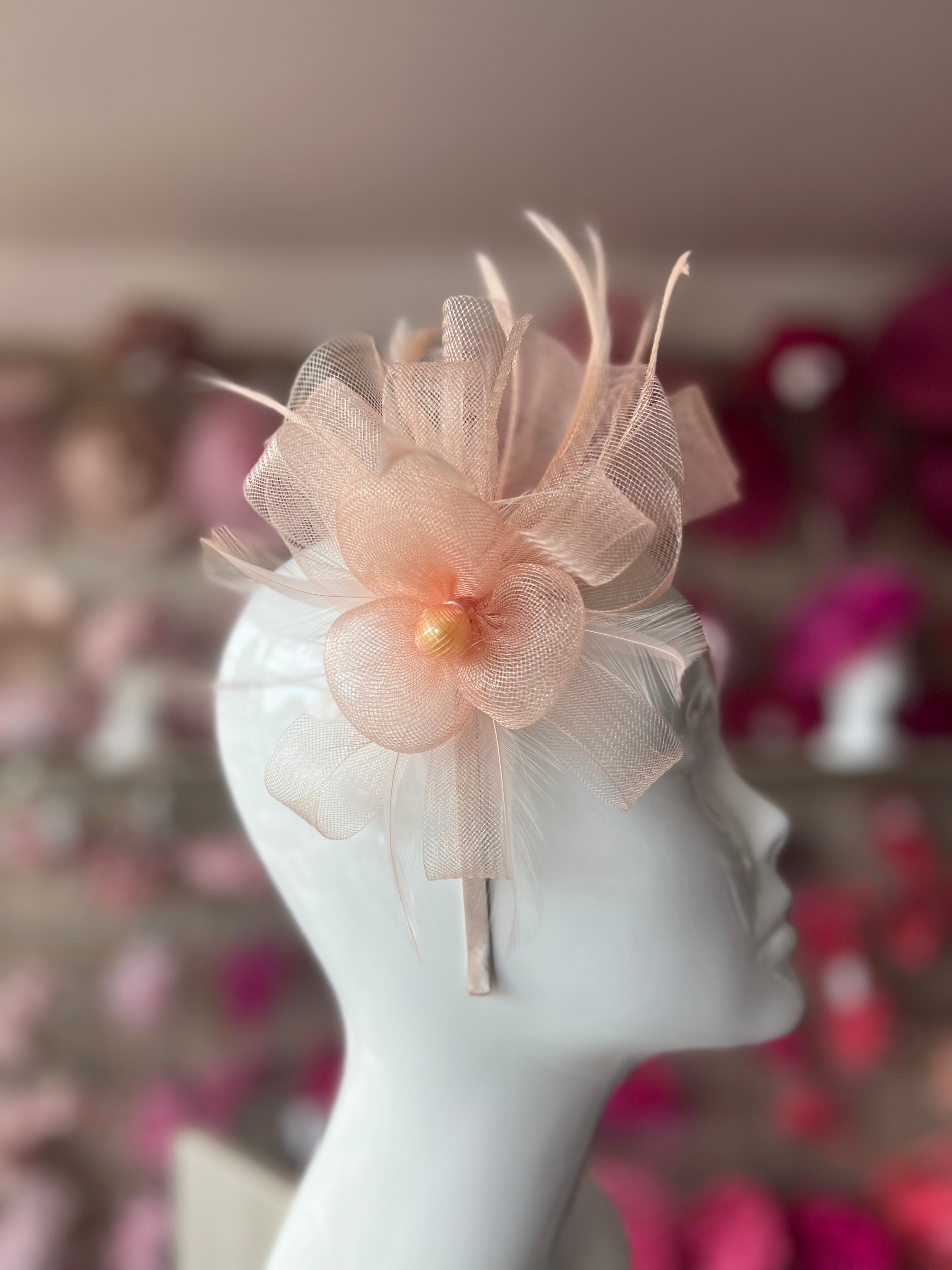 Elegant Peach Fascinator Cream Peach Flower & Feathers Headpiece | Elegant Floral  main image 3