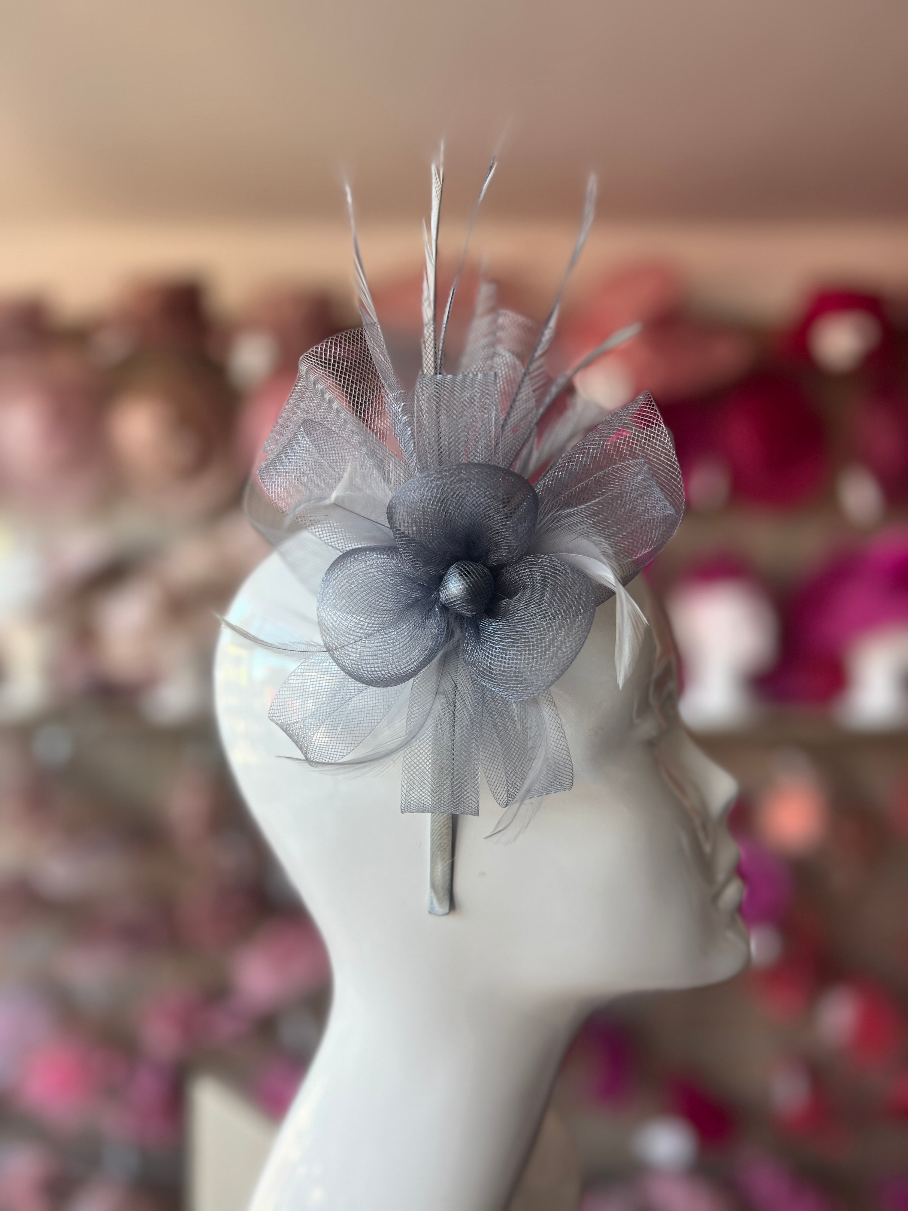 Light silver grey tule flower fascinator, grey bridal fascinator, tule newest wedding headpiece