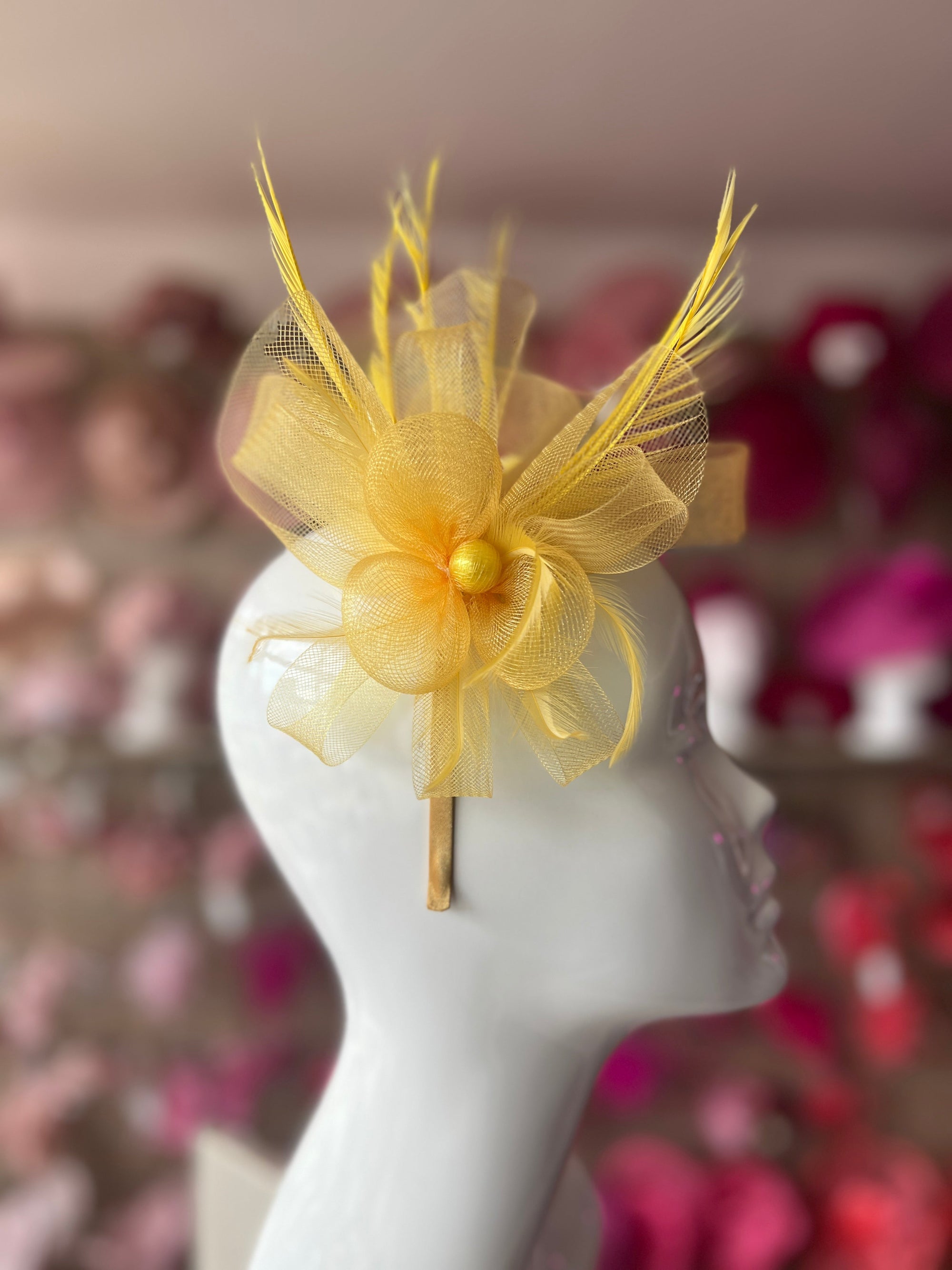 Crinoline Mesh Yellow Flower Fascinator Headband-Fascinators Direct