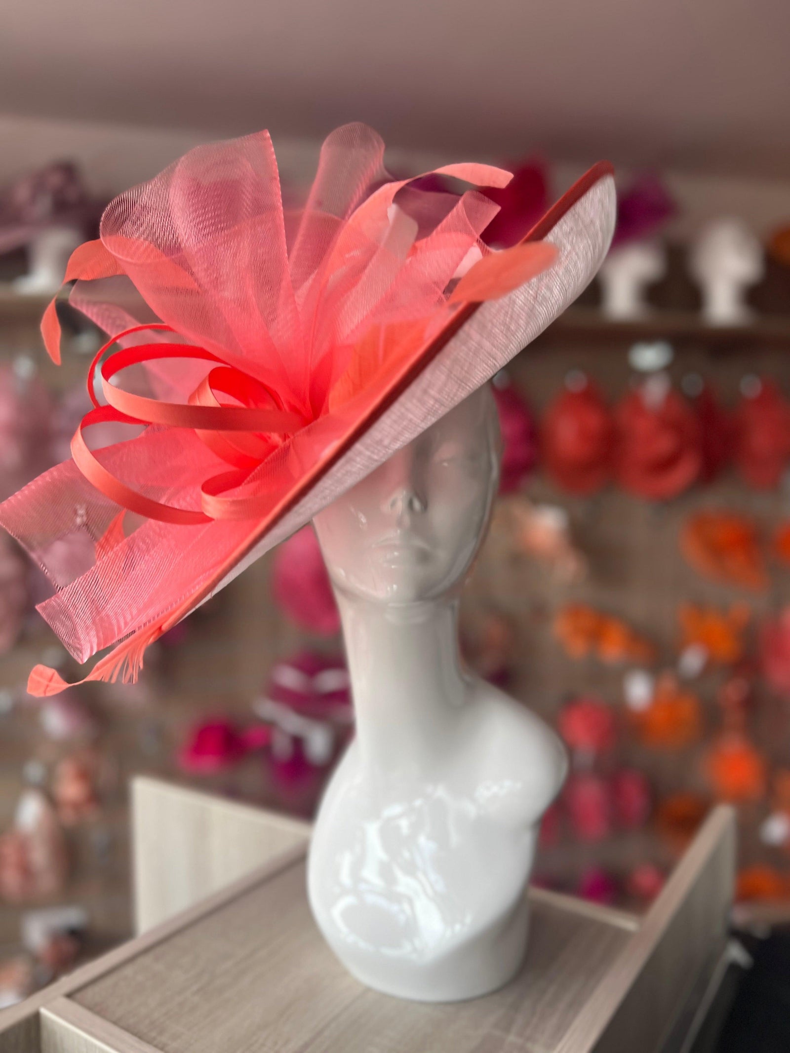 Crinoline & Sinamay Large White & Coral Hatinator-Fascinators Direct