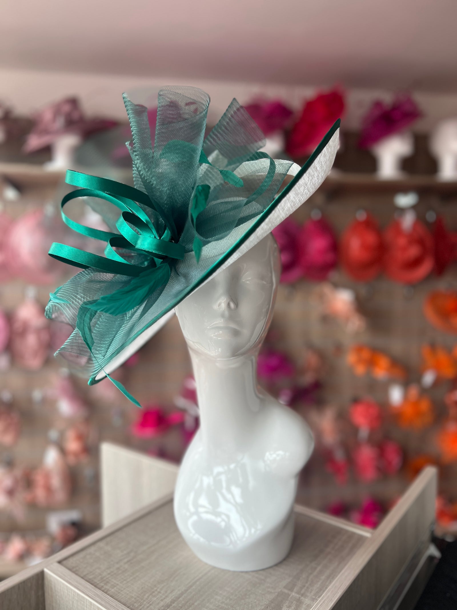 Crinoline & Sinamay Large White & Emerald Hatinator-Fascinators Direct