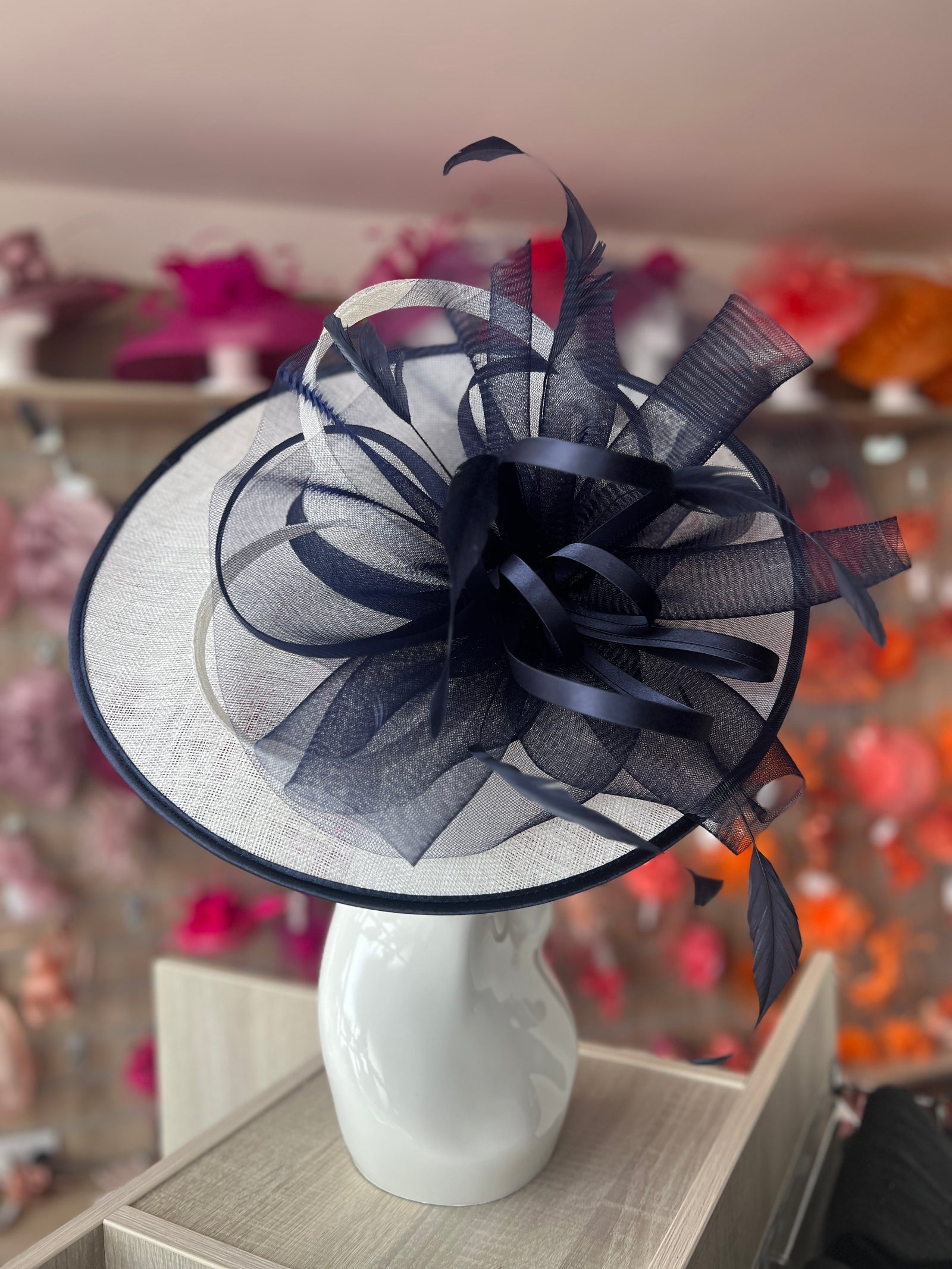 Crinoline & Sinamay Large White & Navy Hatinator-Fascinators Direct