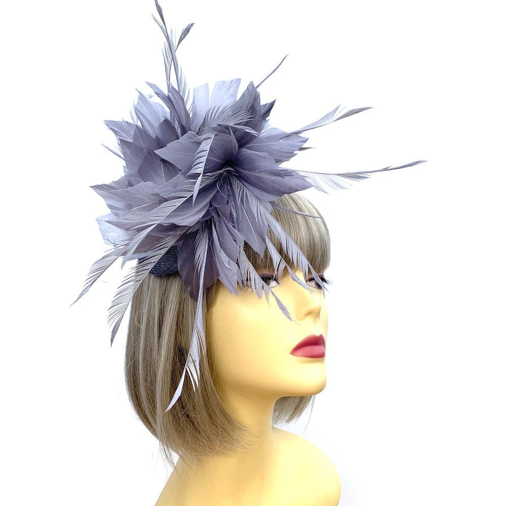 Curled Feather Grey Fascinator Hair Clip-Fascinators Direct