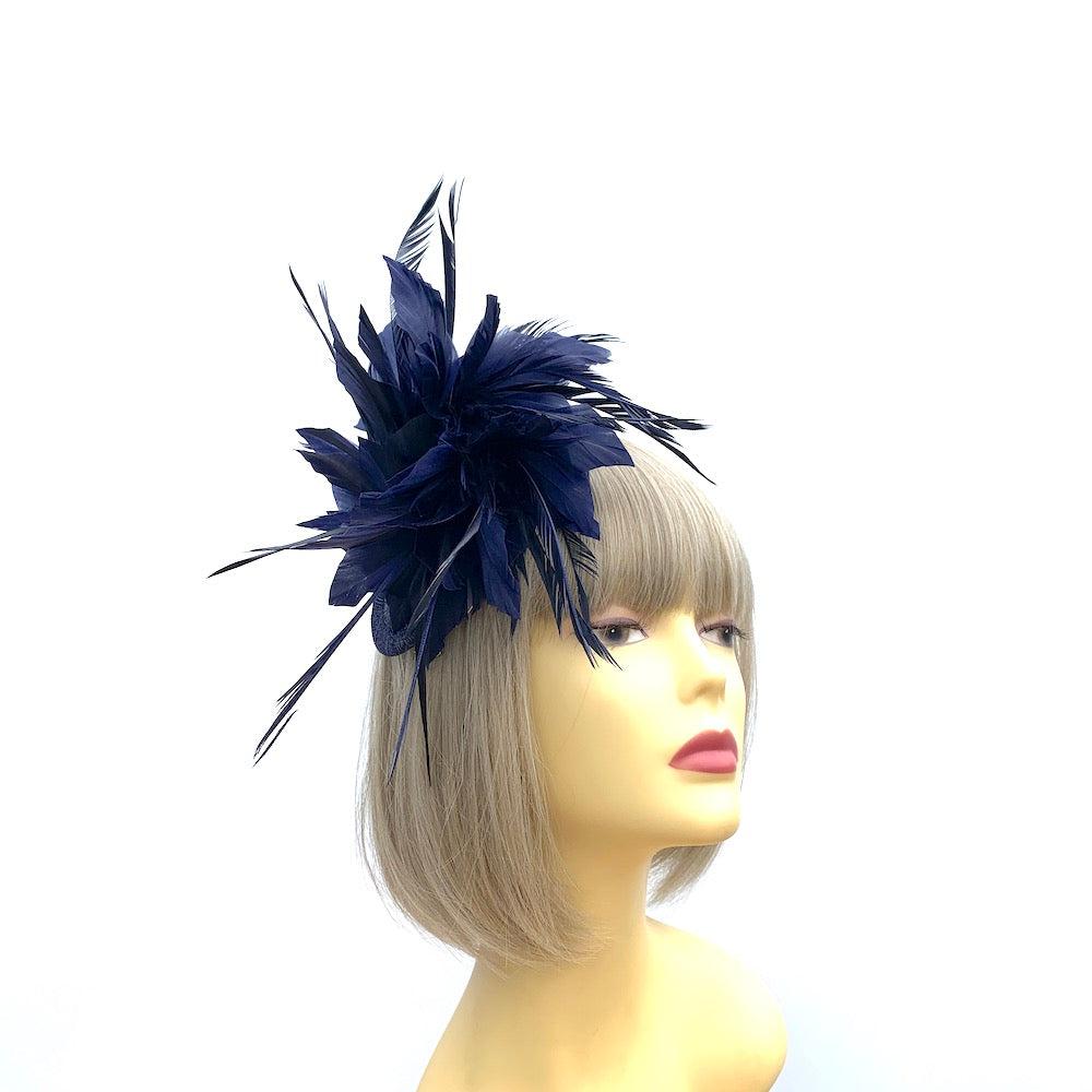 Curled Feather Navy Fascinator Hair Clip-Fascinators Direct