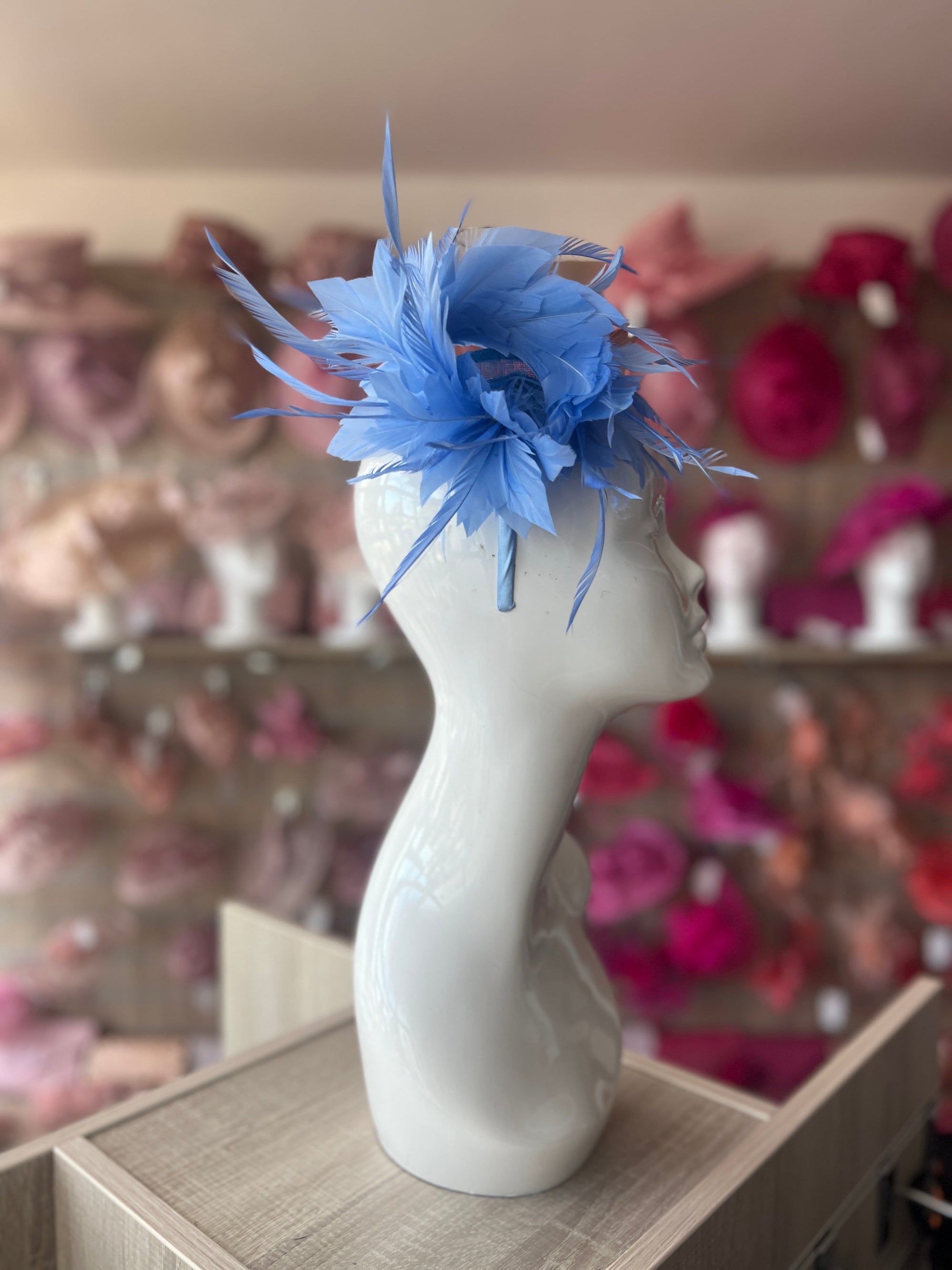 Curled Feather Sky Blue Fascinator Hair Clip-Fascinators Direct