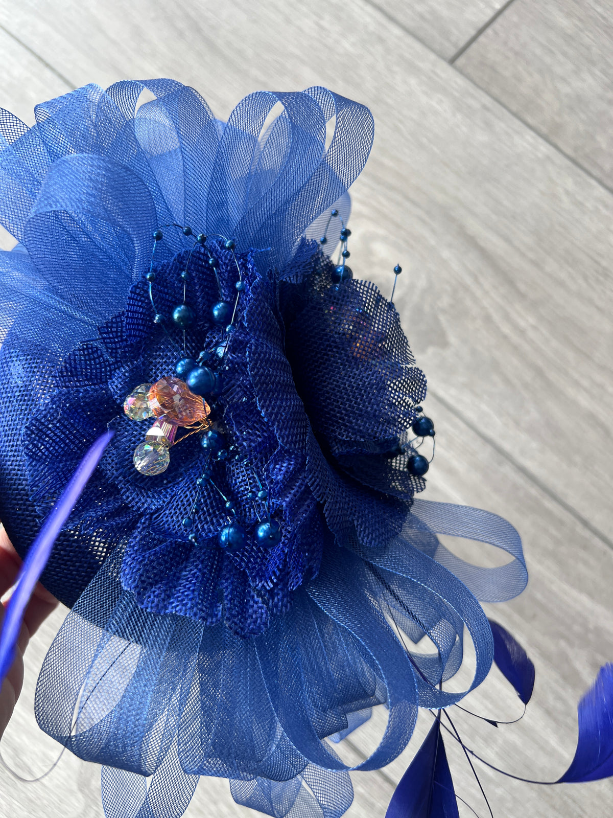 Pillbox Hat With Loops and  Embellished Flowers- Royal Blue