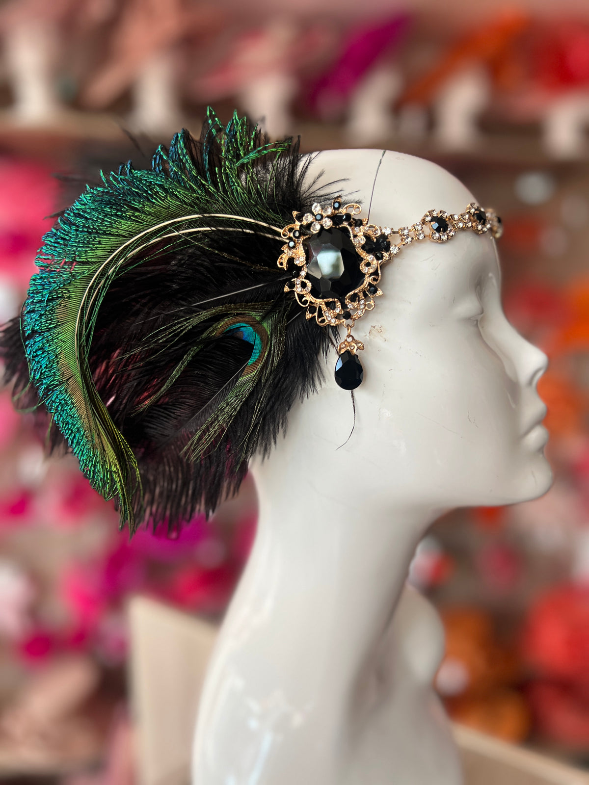 Vintage Jewelled Peacock Feather Fascinator Hat-Black