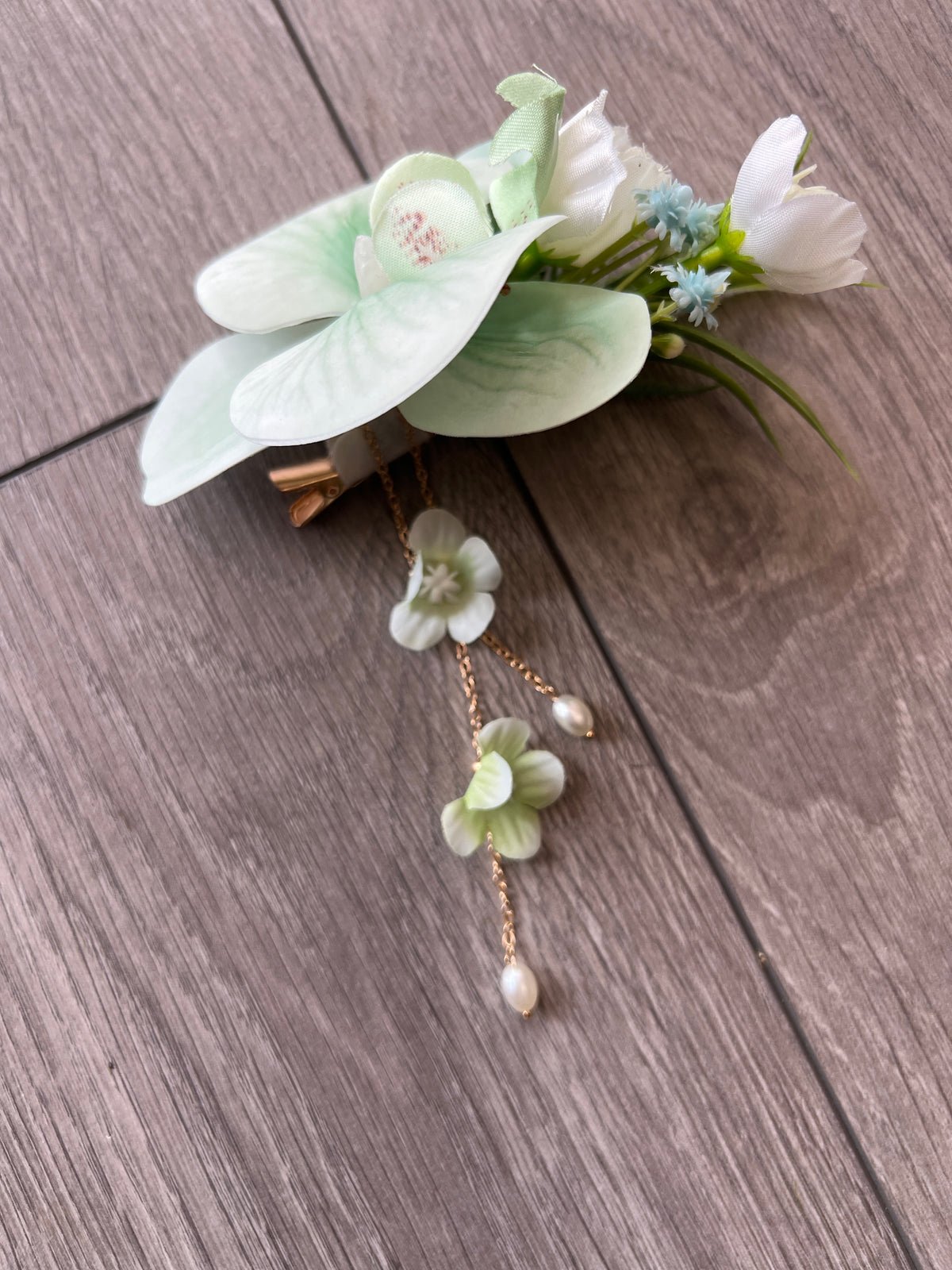 Mint Blue Orchid Hair Clip With Foliage &amp; Chains