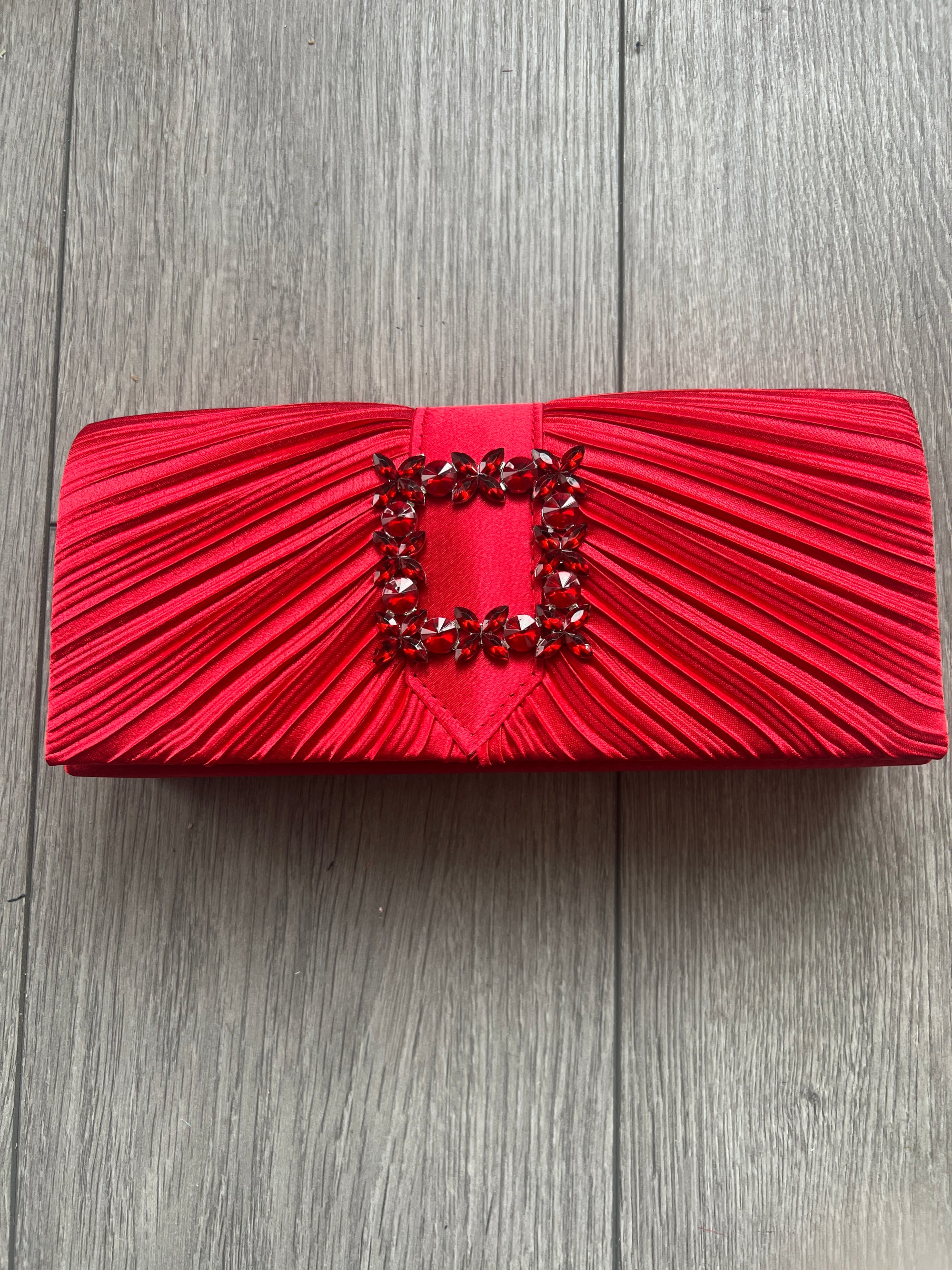 Red Satin Pleated Clutch Bag With Jewel Embellishment