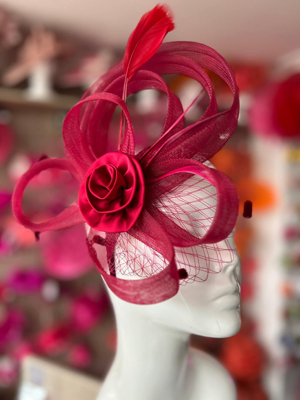 Burgundy Flower Fascinator With Netting &amp; Feathers
