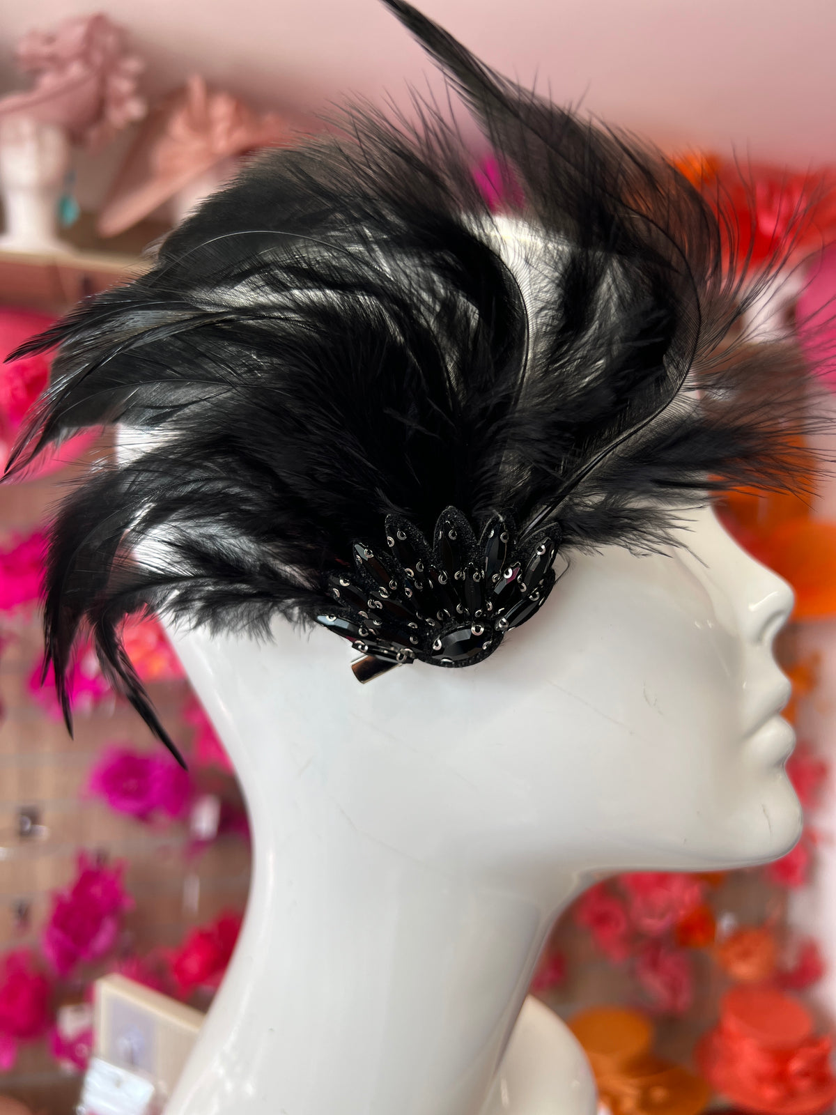 Black Art Deco Style Feather Flapper Hair Clip
