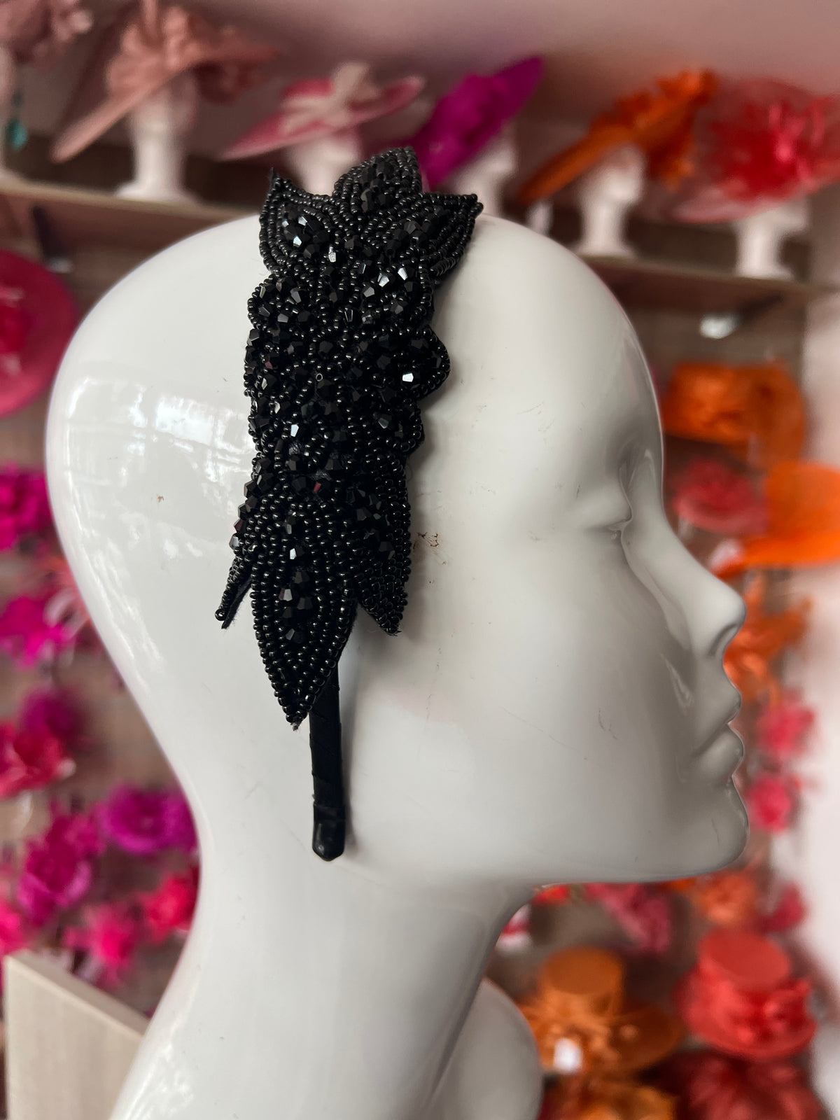 Vintage 1920's Black Flower &amp; Leaf Beaded Headband