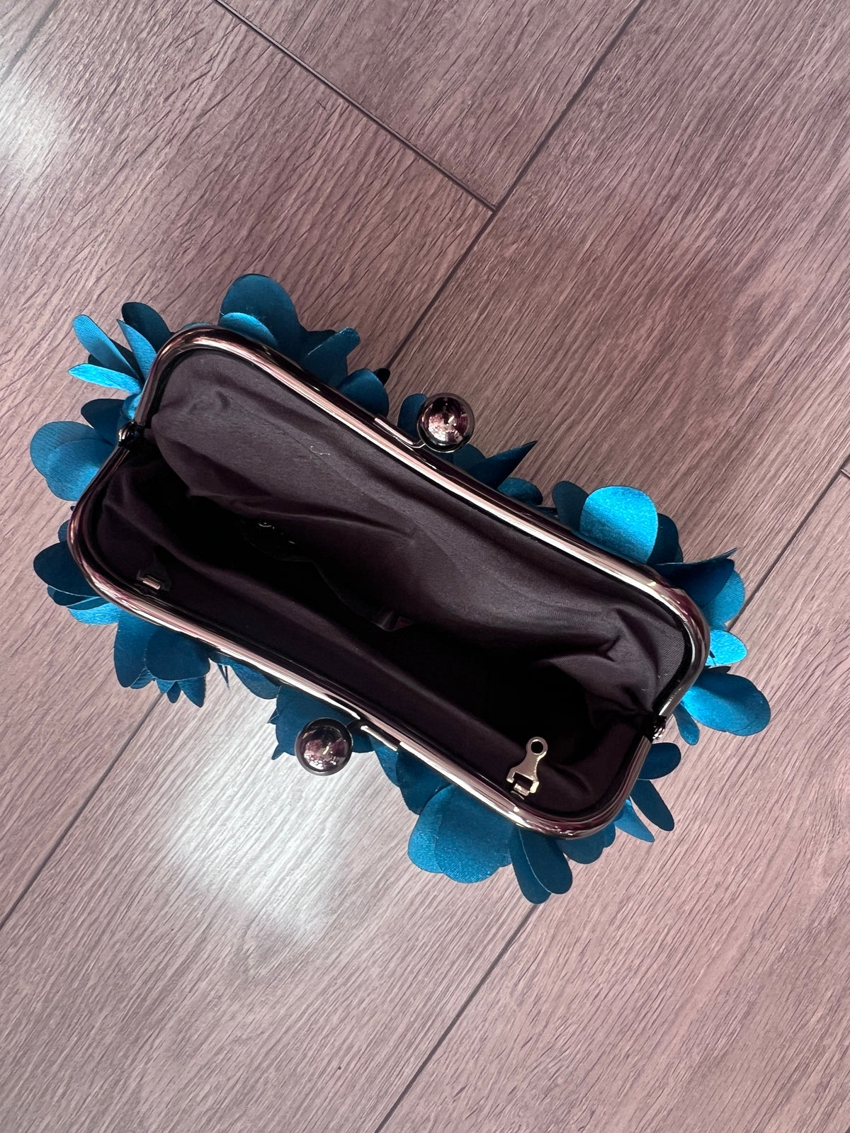Teal Satin Flower Petal Clutch Bag