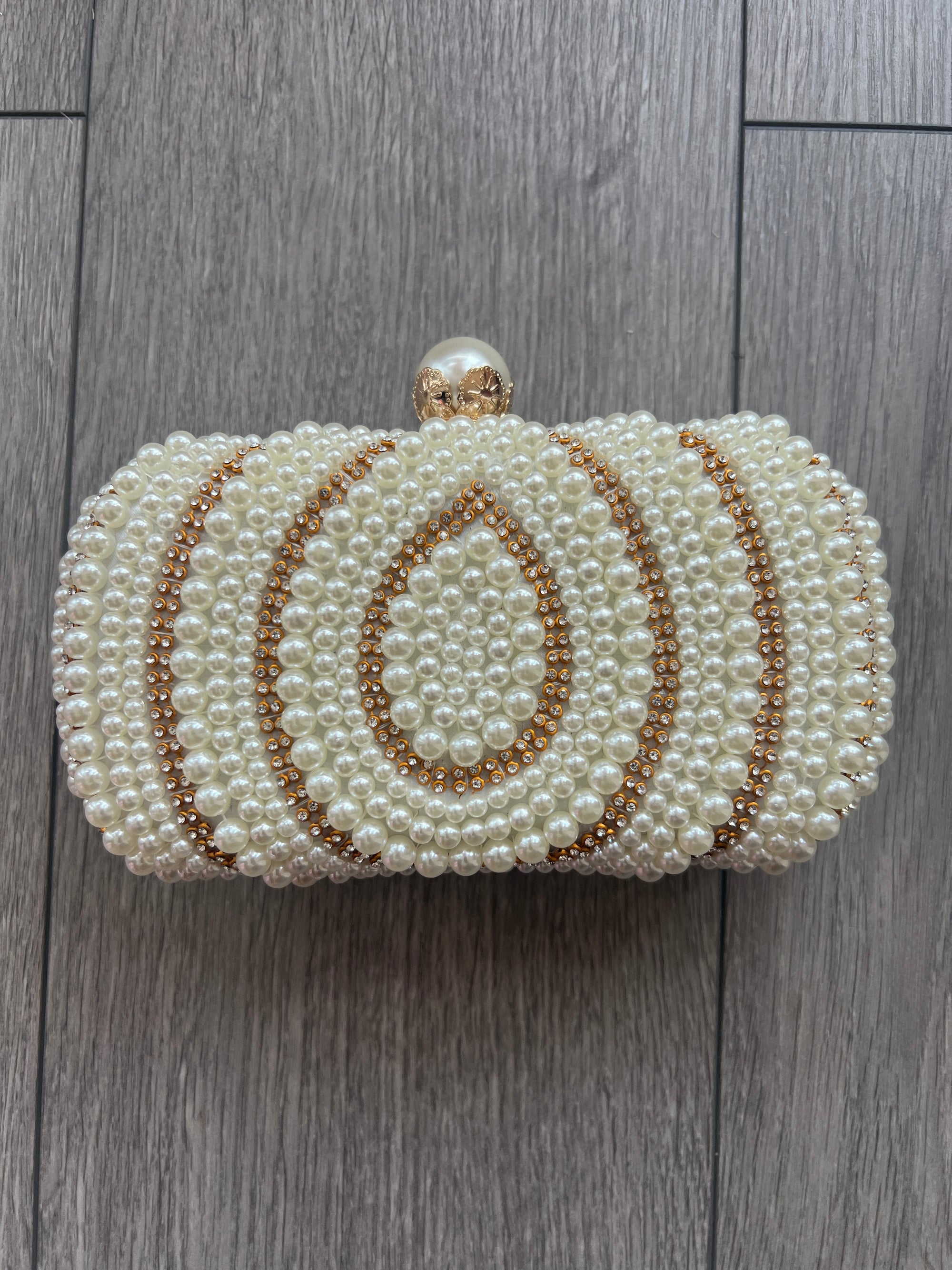 Vintage Deco Pearl Beaded Diamante Clutch Bag - Cream