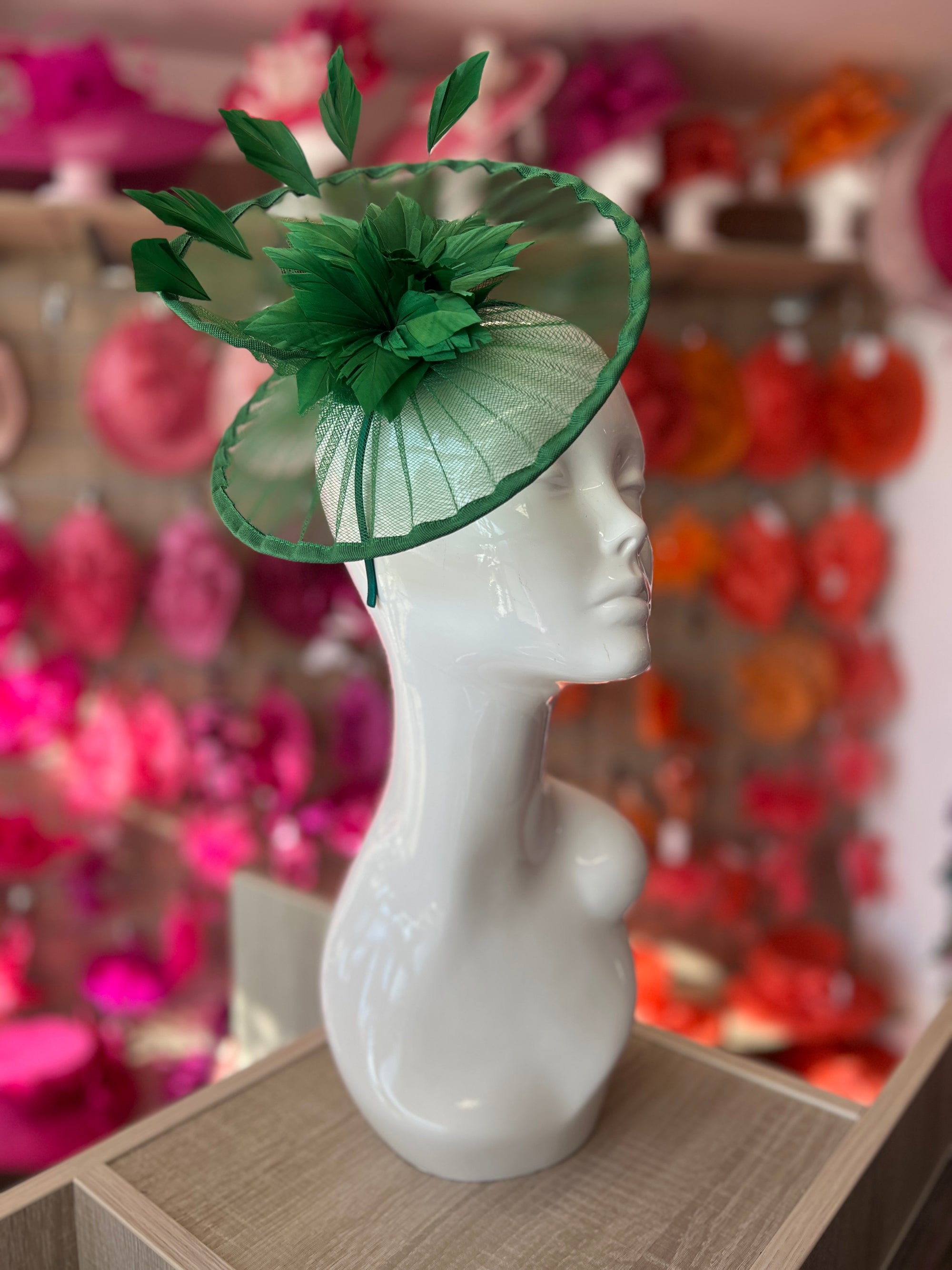 Emerald Green Pleated Spiral Fascinator With Feather Flower